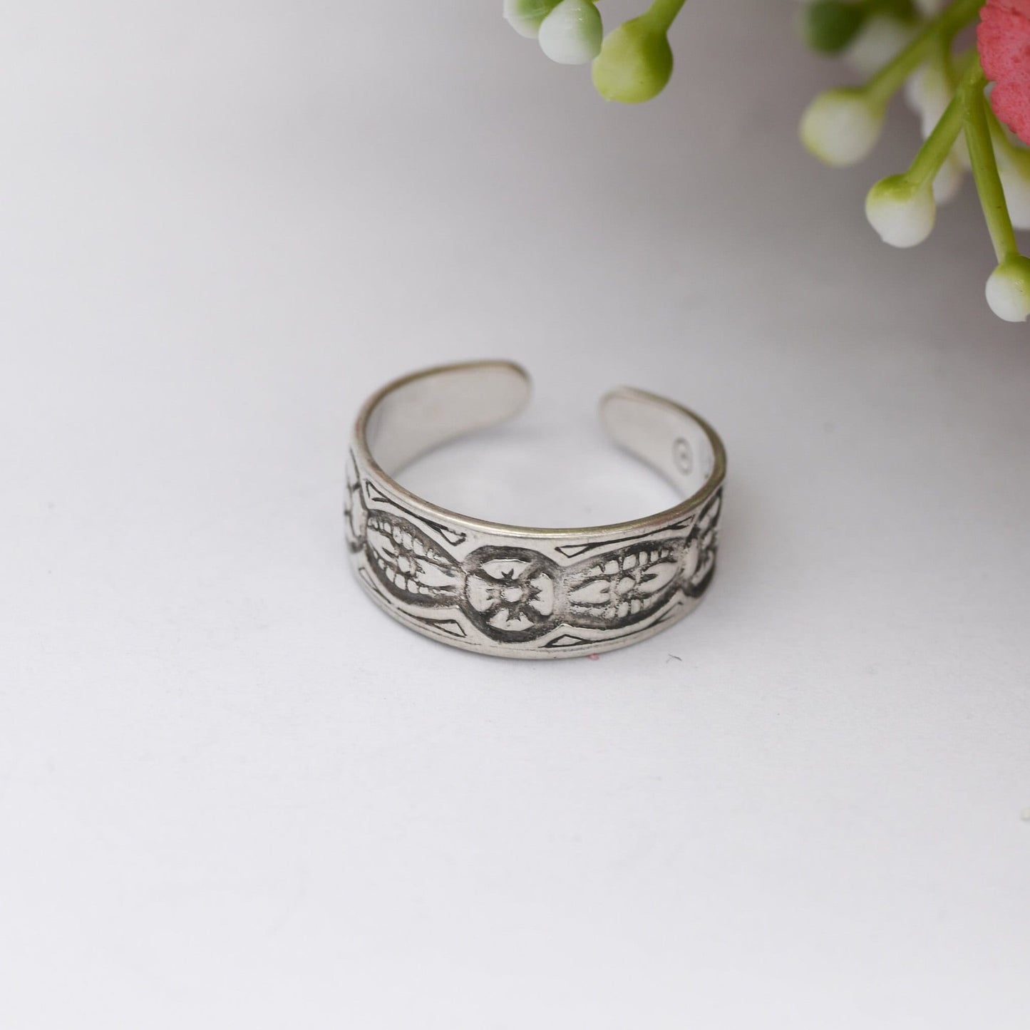 Vintage Sterling Silver Open Band Flower Ring - Adjustable Toe Midi Ring | UK Size - J 1/2 | US Size - 5