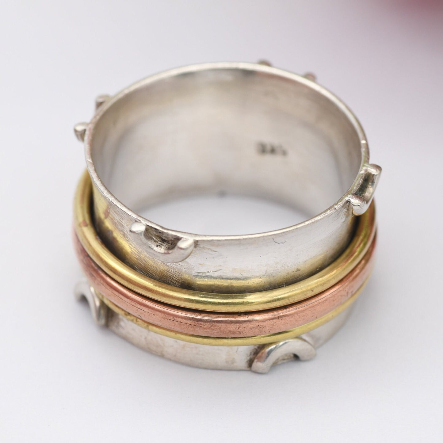 Vintage Sterling Silver Brass Copper Spinner Fidget Ring - Chunky Studio Design Band | UK Size - Q 1/2 | US Size - 8 1/4