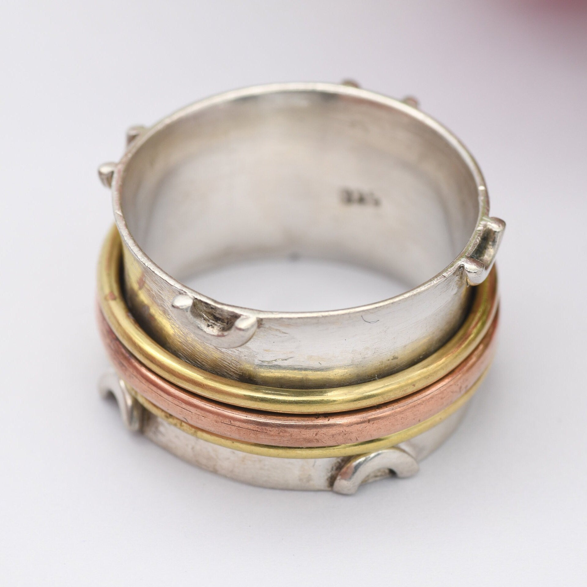 Vintage Sterling Silver Brass Copper Spinner Fidget Ring - Chunky Studio Design Band | UK Size - Q 1/2 | US Size - 8 1/4