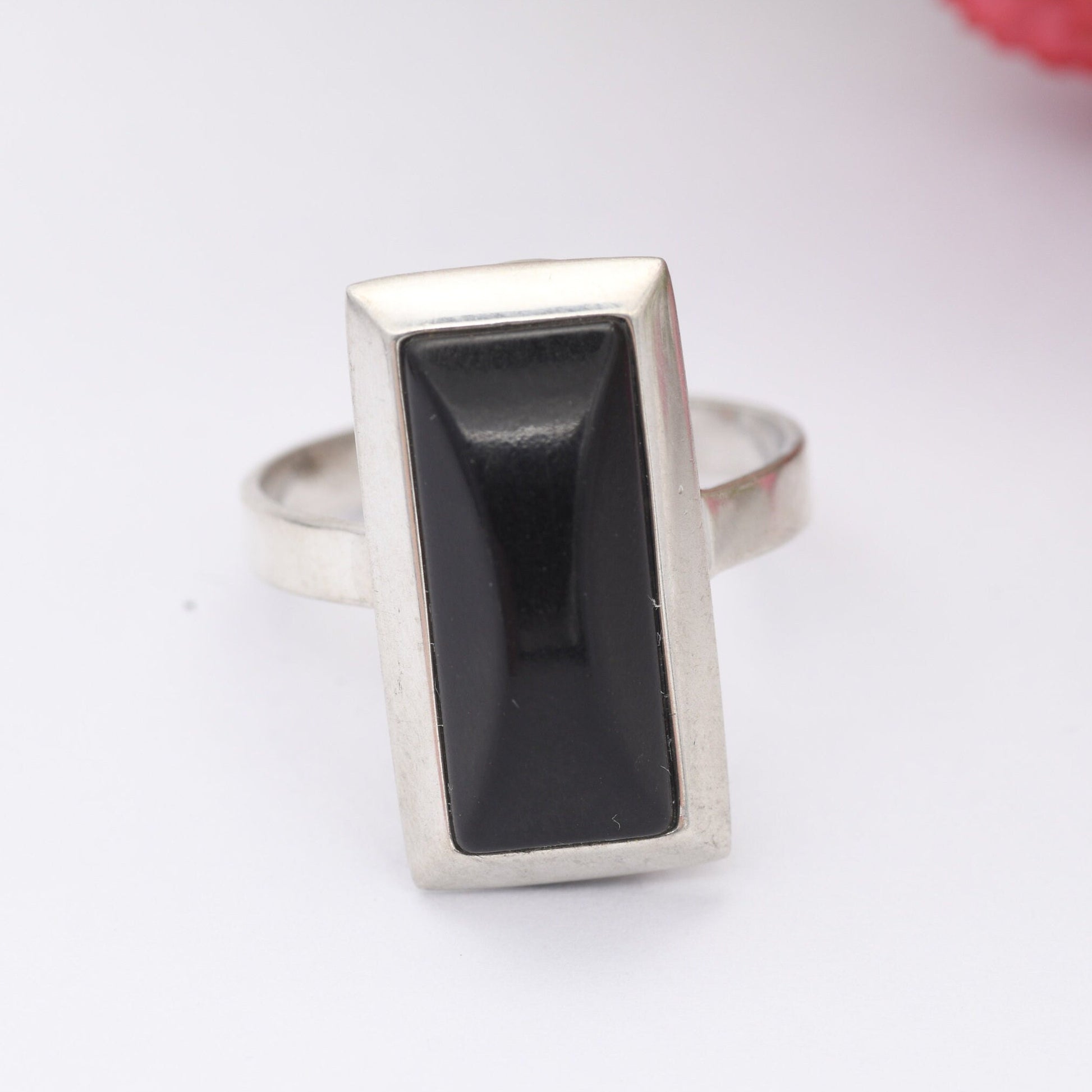 Vintage Sterling Silver Onyx Statement Ring - Chunky Cocktail | Black Rectangle Stone | UK Size - N | US Size - 6 3/4
