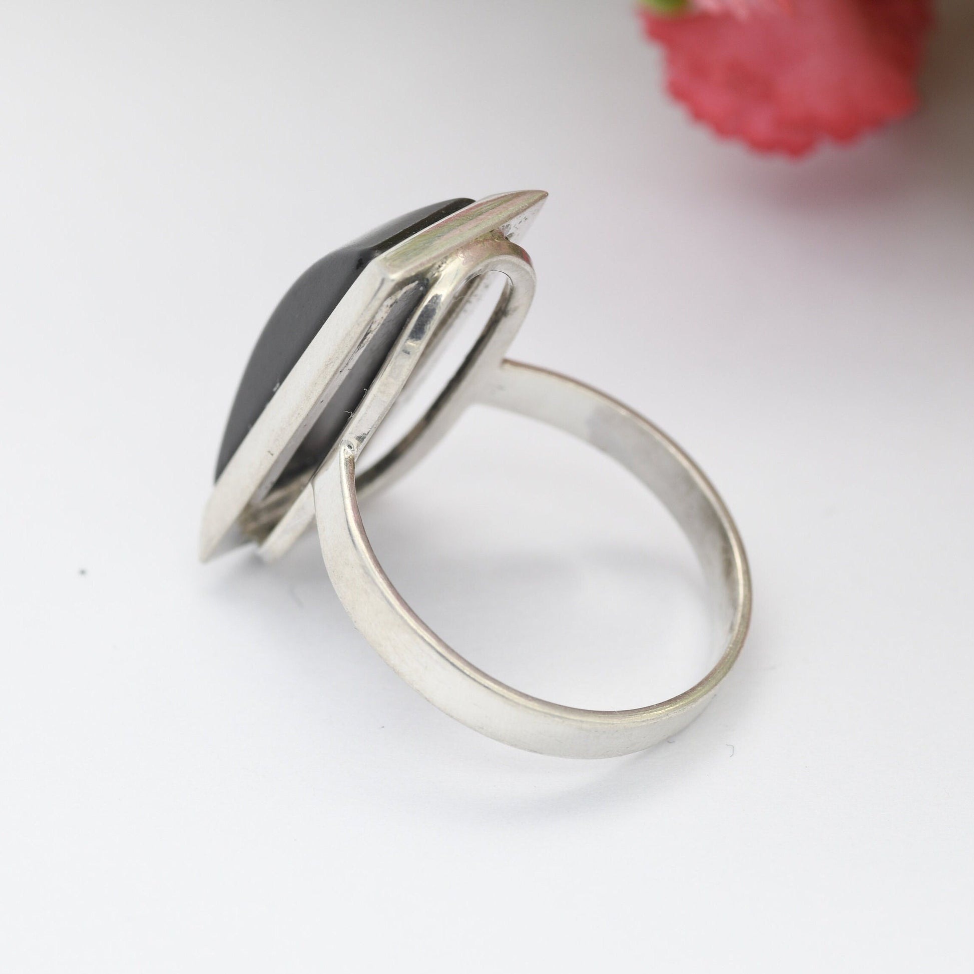 Vintage Sterling Silver Onyx Statement Ring - Chunky Cocktail | Black Rectangle Stone | UK Size - N | US Size - 6 3/4