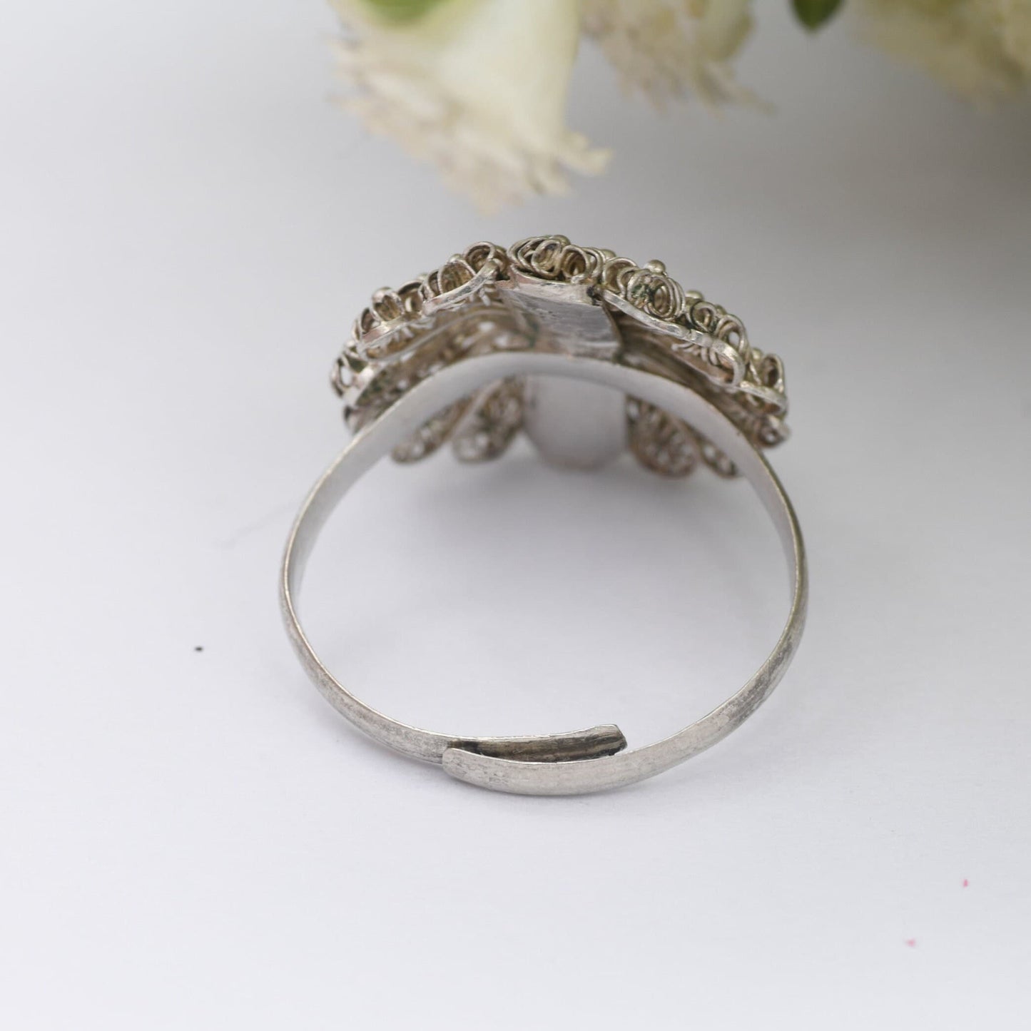 Vintage Silver Wirework Flower Ring - Adjustable Band Size | UK Size - Q | US Size - 8