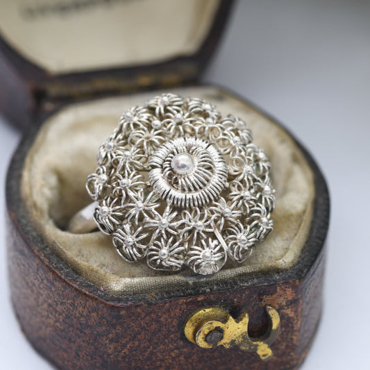 Vintage Silver Wirework Flower Ring - Adjustable Band Size | UK Size - Q | US Size - 8