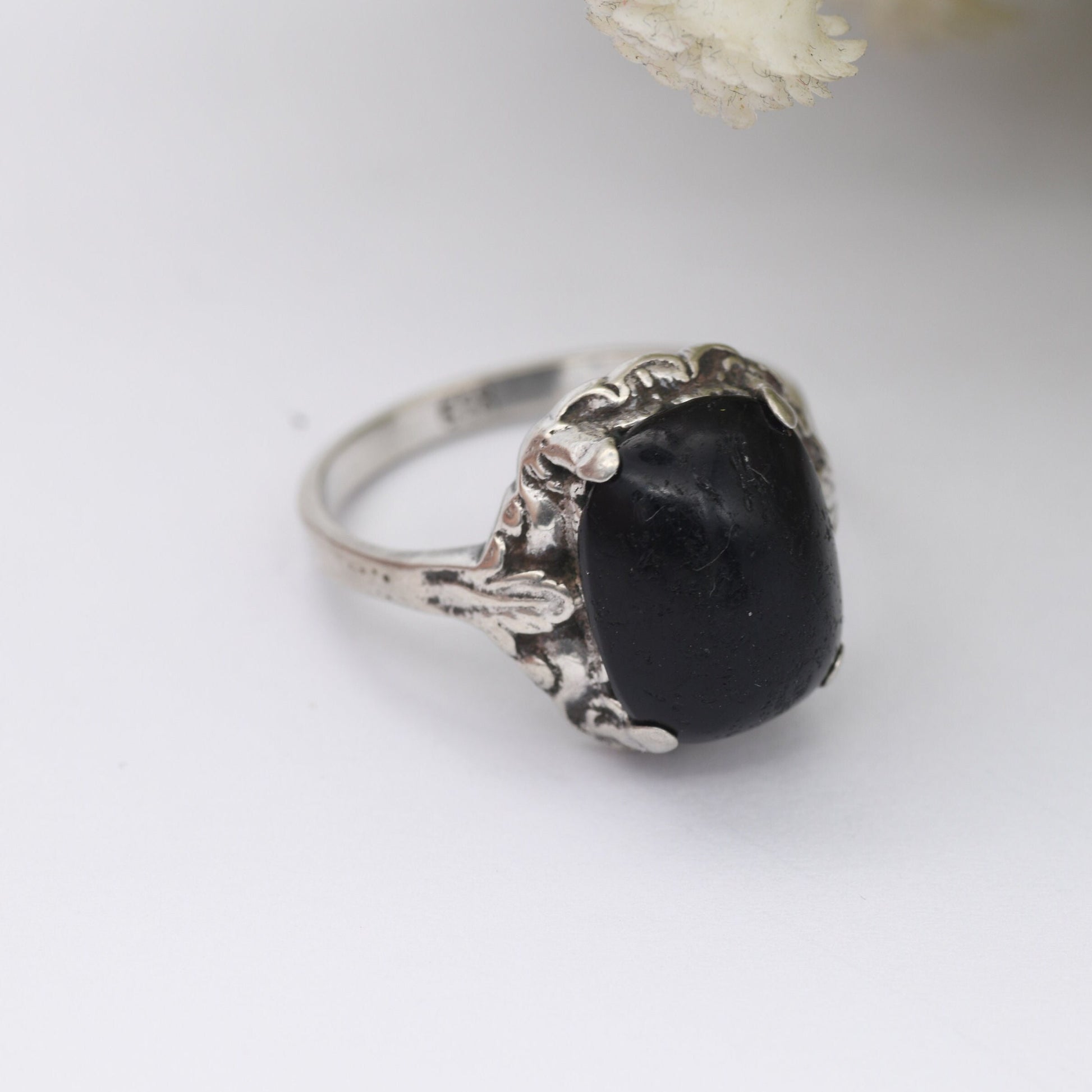 Vintage Silver Black Stone Statement Ring - Mid-Century Victorian Revival | Floral Leaf Design | UK Size - P 1/2 | US Size - 7 3/4