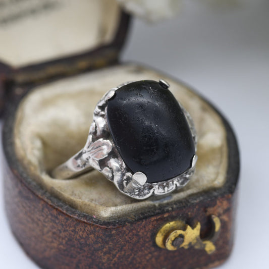 Vintage Silver Black Stone Statement Ring - Mid-Century Victorian Revival | Floral Leaf Design | UK Size - P 1/2 | US Size - 7 3/4