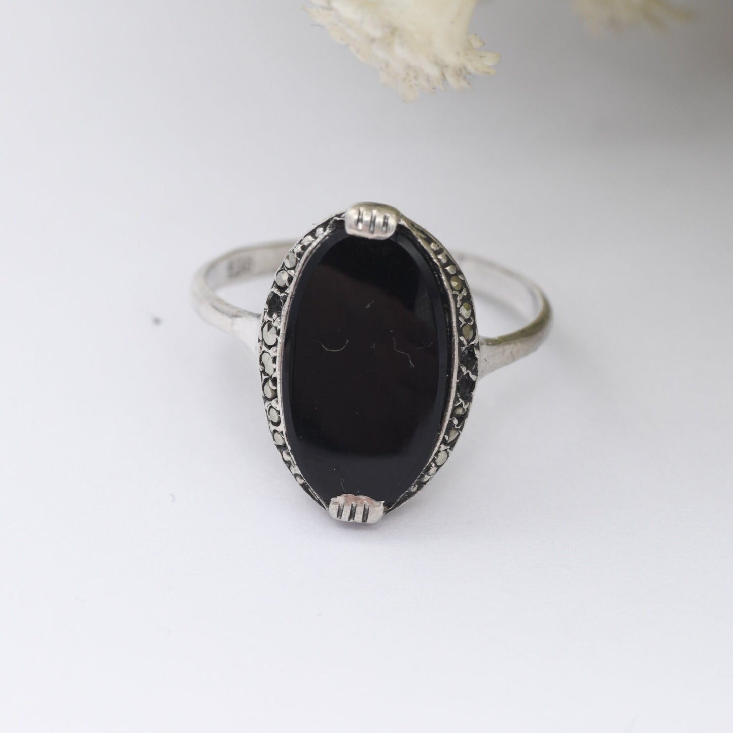 Vintage Sterling Silver Onyx and Marcasite Ring - Art Deco Style Cocktail Ring | UK Size - N | US Size - 6 3/4