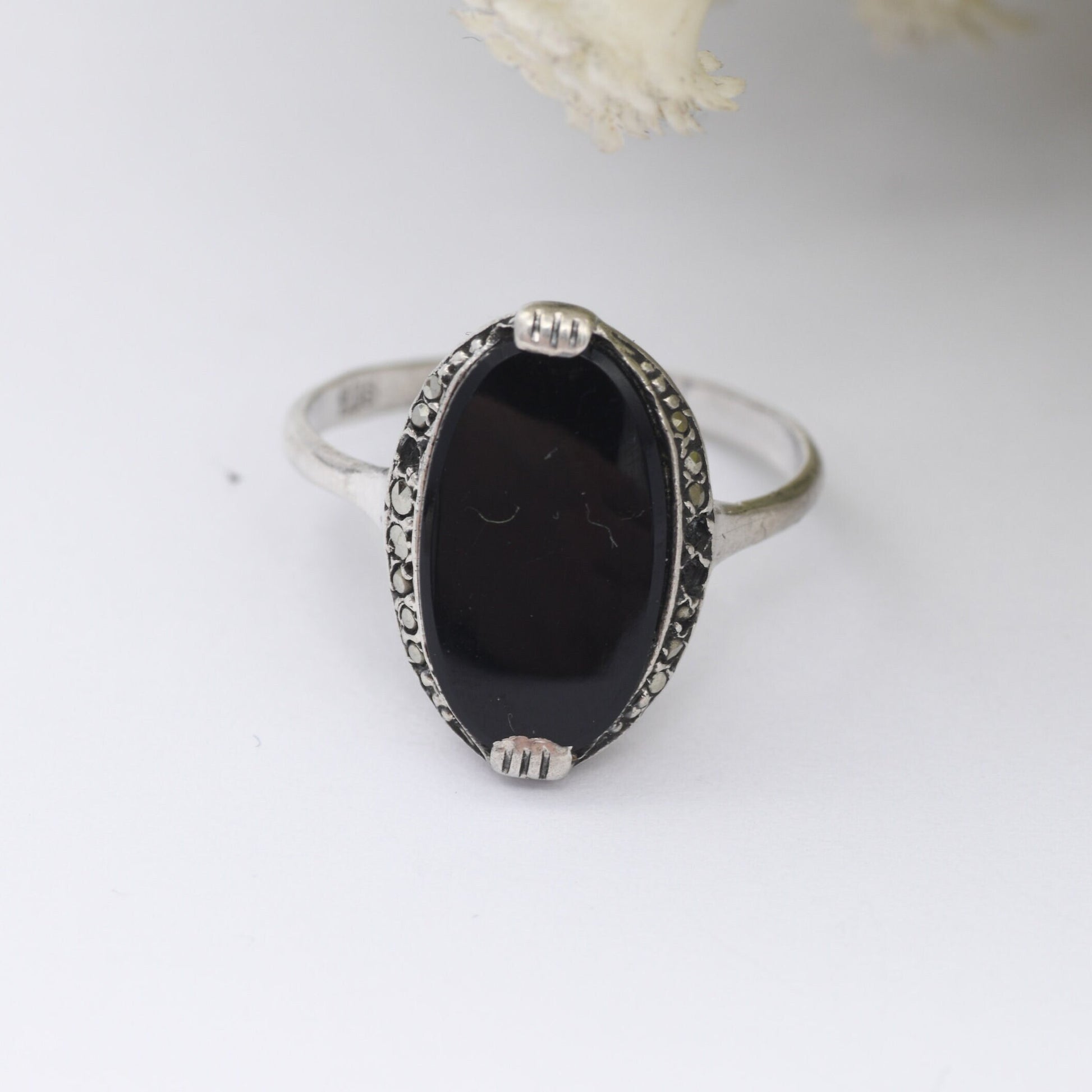 Vintage Sterling Silver Onyx and Marcasite Ring - Art Deco Style Cocktail Ring | UK Size - N | US Size - 6 3/4