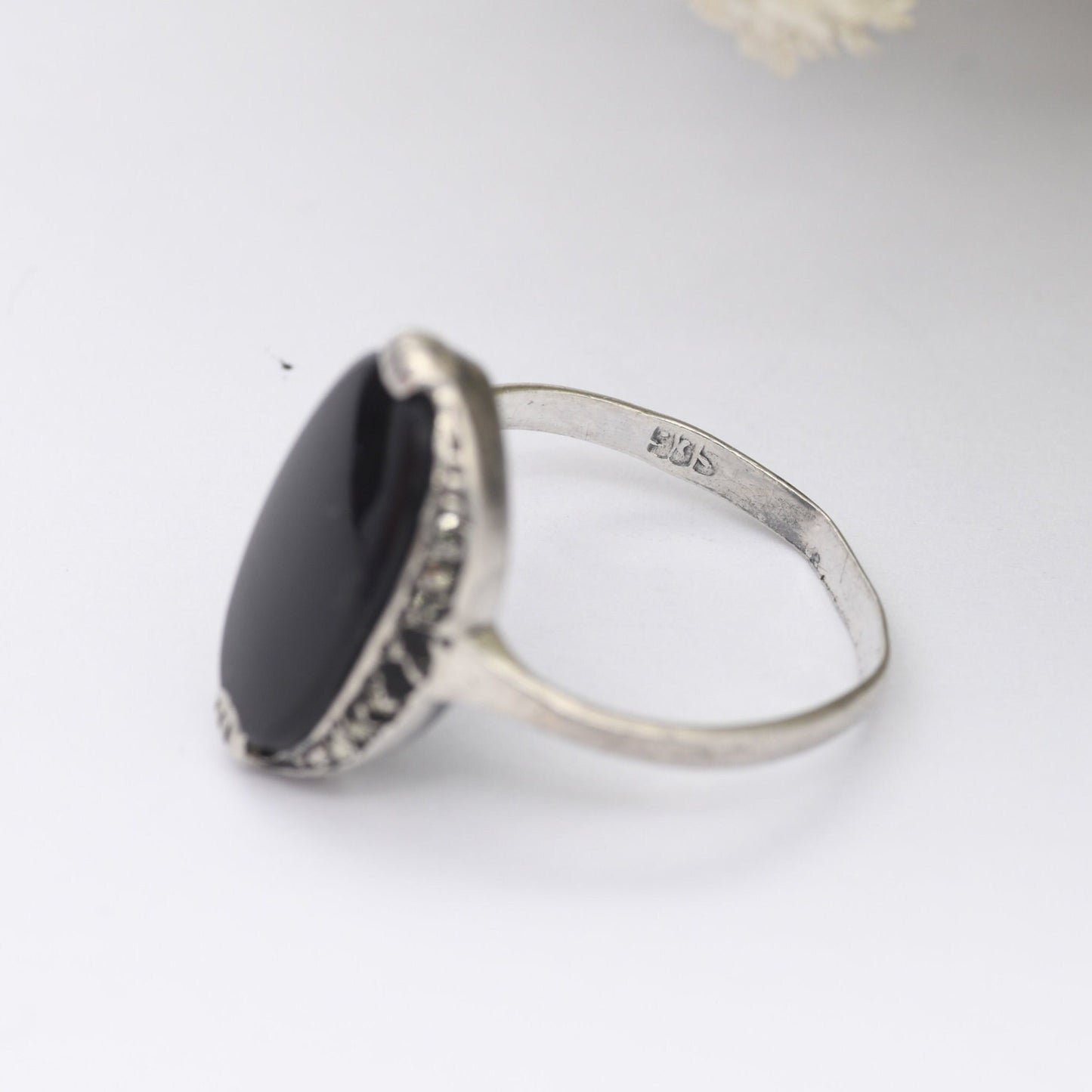 Vintage Sterling Silver Onyx and Marcasite Ring - Art Deco Style Cocktail Ring | UK Size - N | US Size - 6 3/4