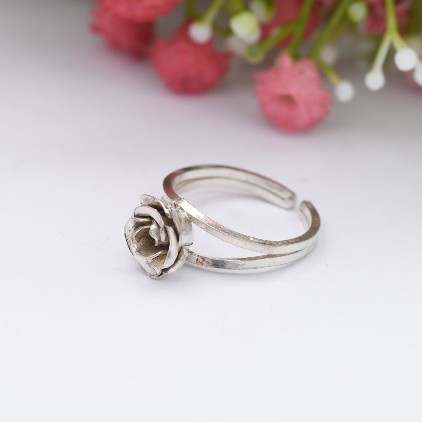 Vintage Sterling Silver Rose Ring - Modernist Flower Floral Shape | Adjustable Band Silver Ring | UK Size - P | US Size - 7 3/4