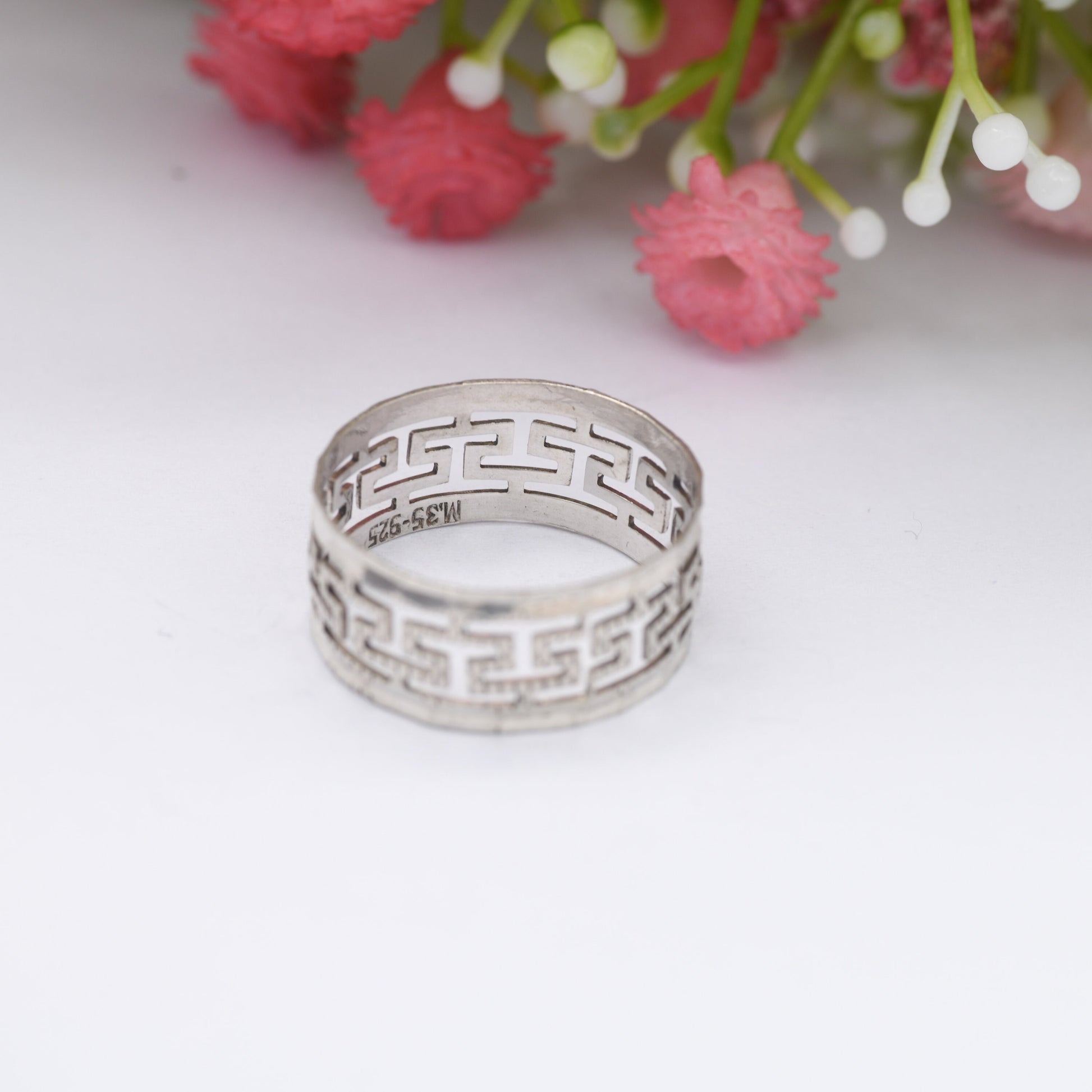 Vintage Sterling Silver Greek Key Band Ring - Openwork Meander Band | Chunky Minimal Unisex Silver | UK Size - R | US Size - 8 1/2