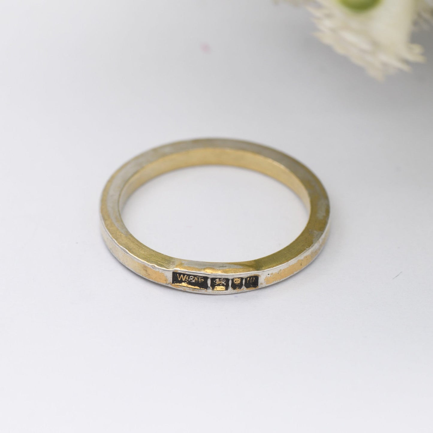 Vintage Sterling Silver Hallmark Band Ring 1996 - W&T | Unisex Gold Plated Silver | UK Size - M 1/2 / US Size - 6 1/2