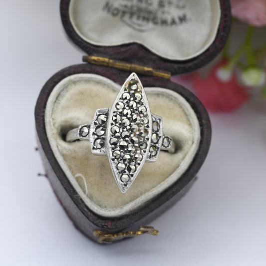 Vintage Sterling Silver Marcasite Ring - Art Deco 1930s | Navette Shape | UK Size - L | US Size - 5 3/4