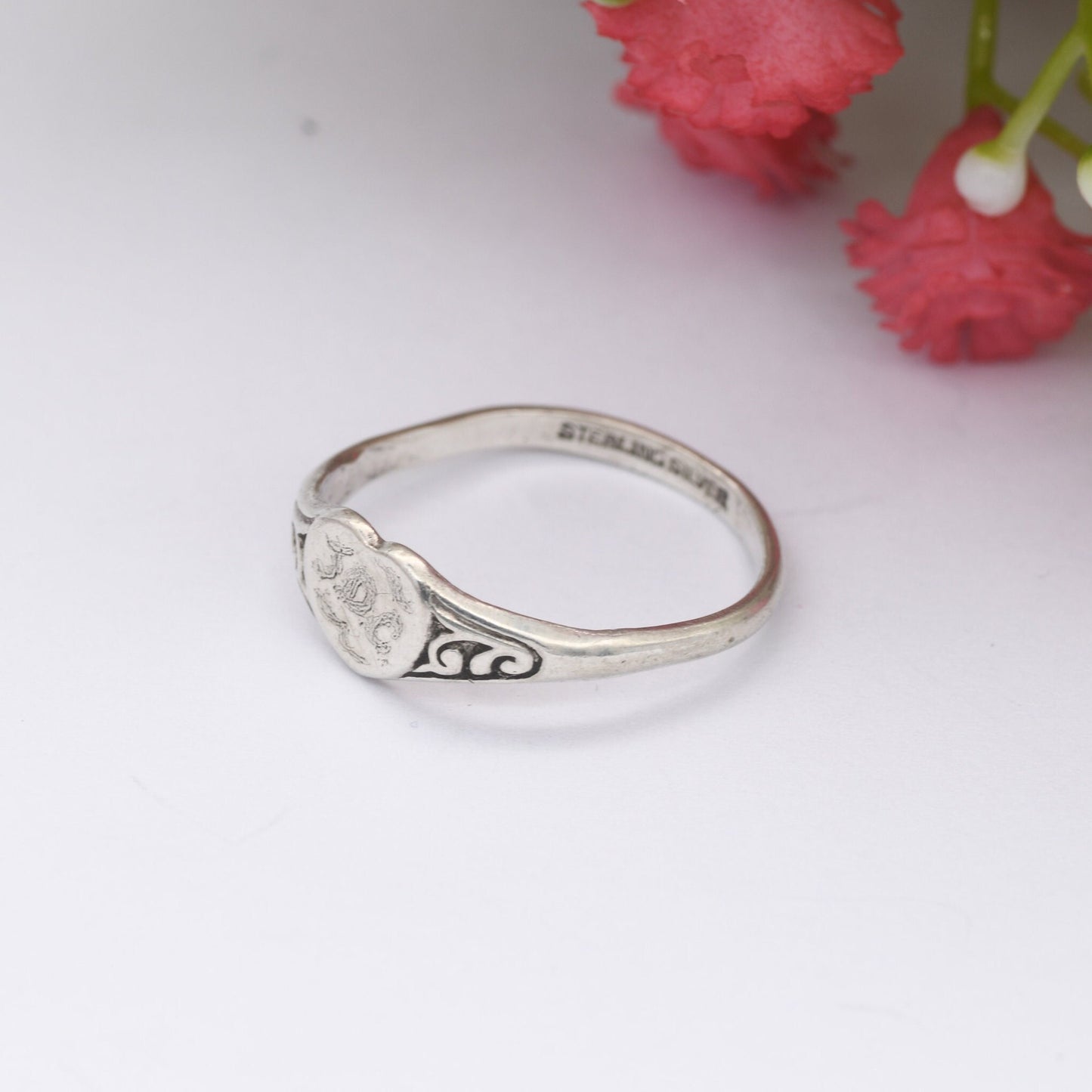 Vintage Sterling Silver Heart Signet Ring - Engraved Initials JDC | UK Size - M | US Size - 6 1/4