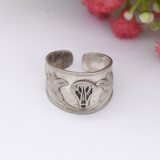 Vintage Silver Egyptian Lotus Flower Ring - Traditional Symbol | Unisex Chunky Adjustable Band Ring | UK Size - P | US Size - 7 1/2