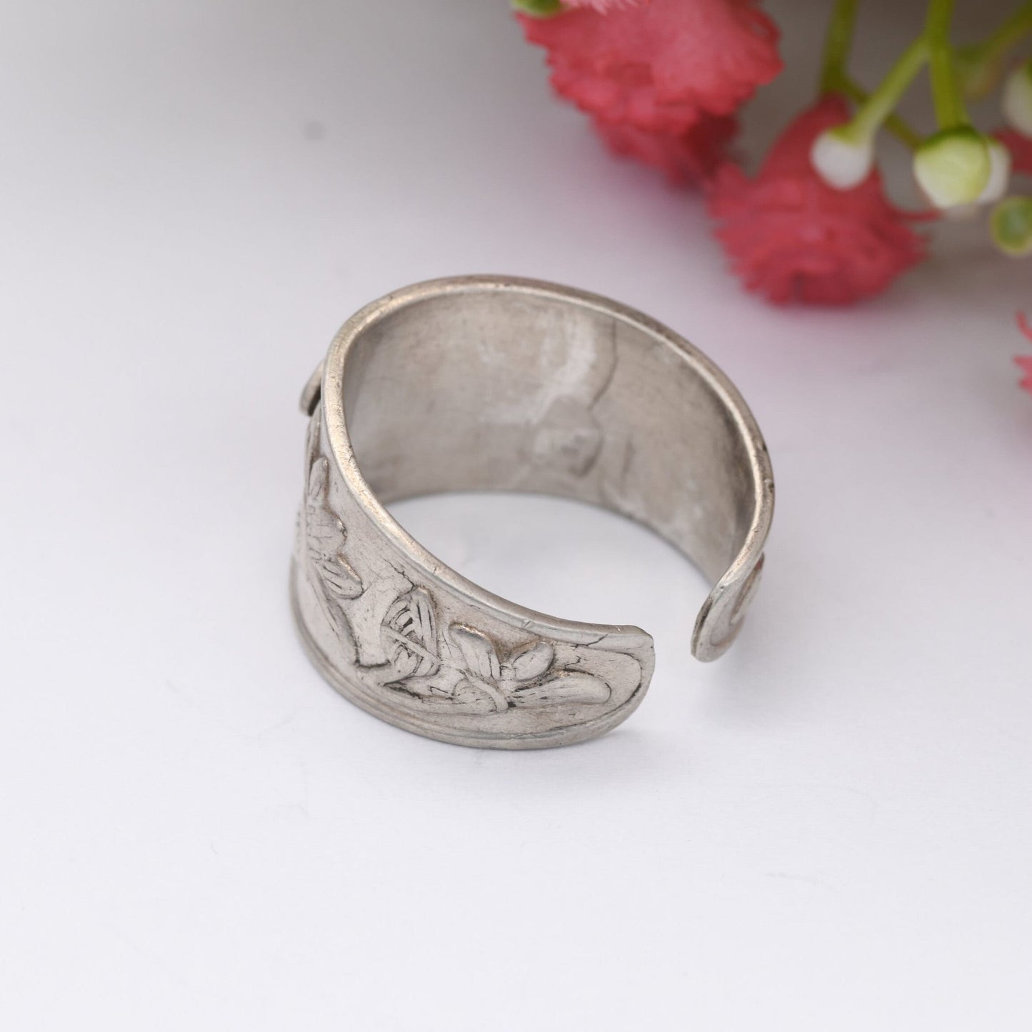 Vintage Silver Egyptian Lotus Flower Ring - Traditional Symbol | Unisex Chunky Adjustable Band Ring | UK Size - P | US Size - 7 1/2