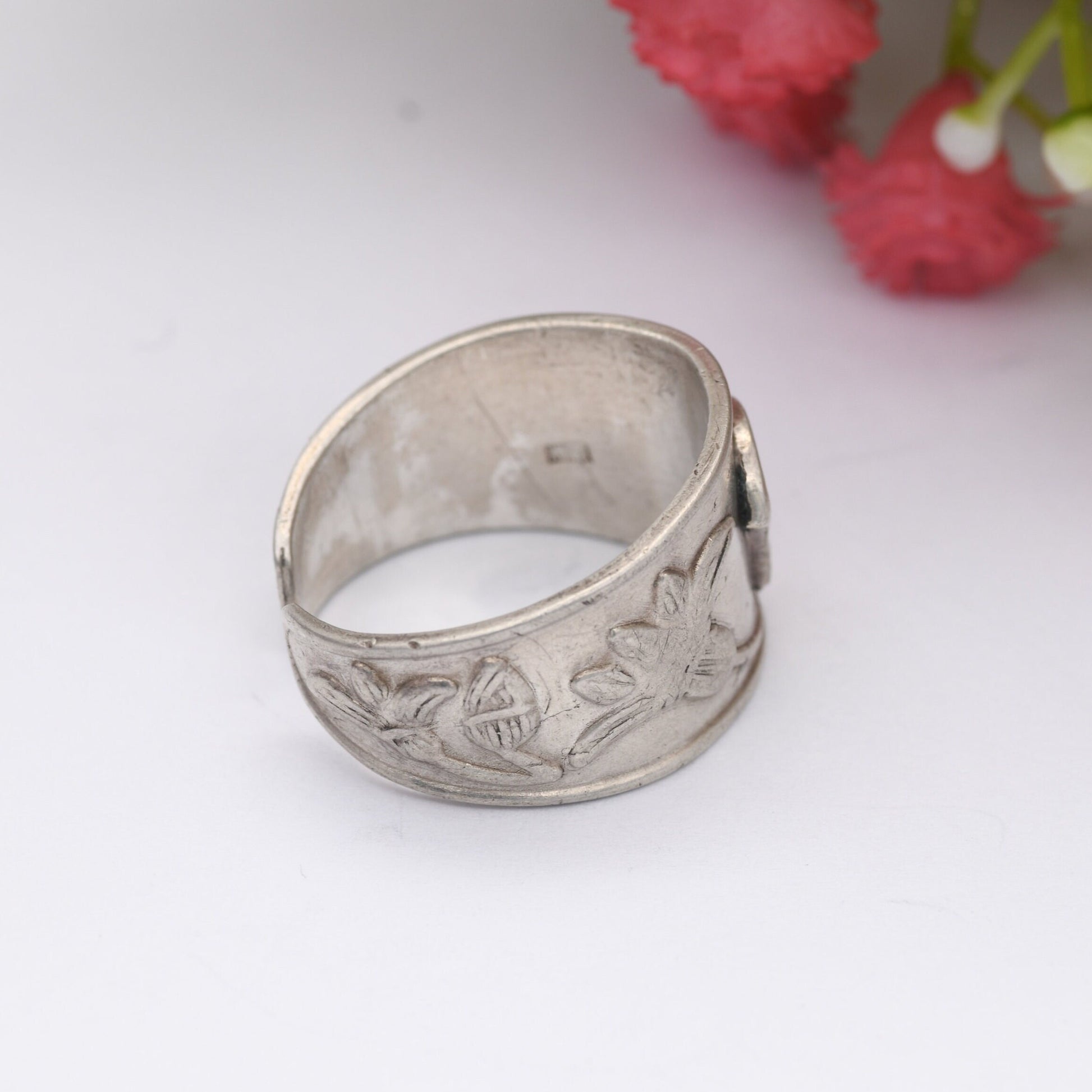 Vintage Silver Egyptian Lotus Flower Ring - Traditional Symbol | Unisex Chunky Adjustable Band Ring | UK Size - P | US Size - 7 1/2