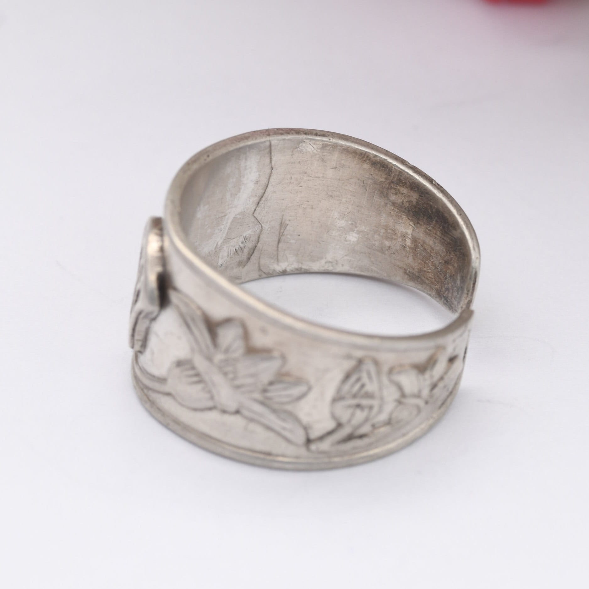 Vintage Silver Egyptian Lotus Flower Ring - Traditional Symbol | Unisex Chunky Adjustable Band Ring | UK Size - P | US Size - 7 1/2