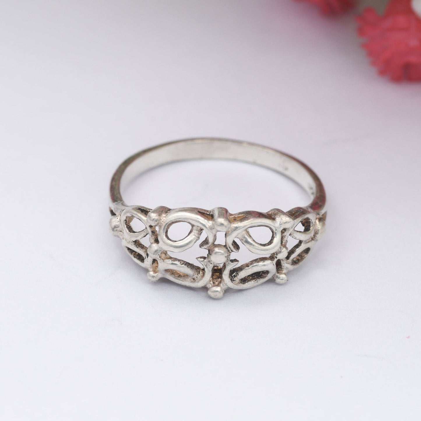 Vintage Sterling Silver Ring - Openwork Knot and Ball Design | UK Size - N 1/2 | US Size - 7