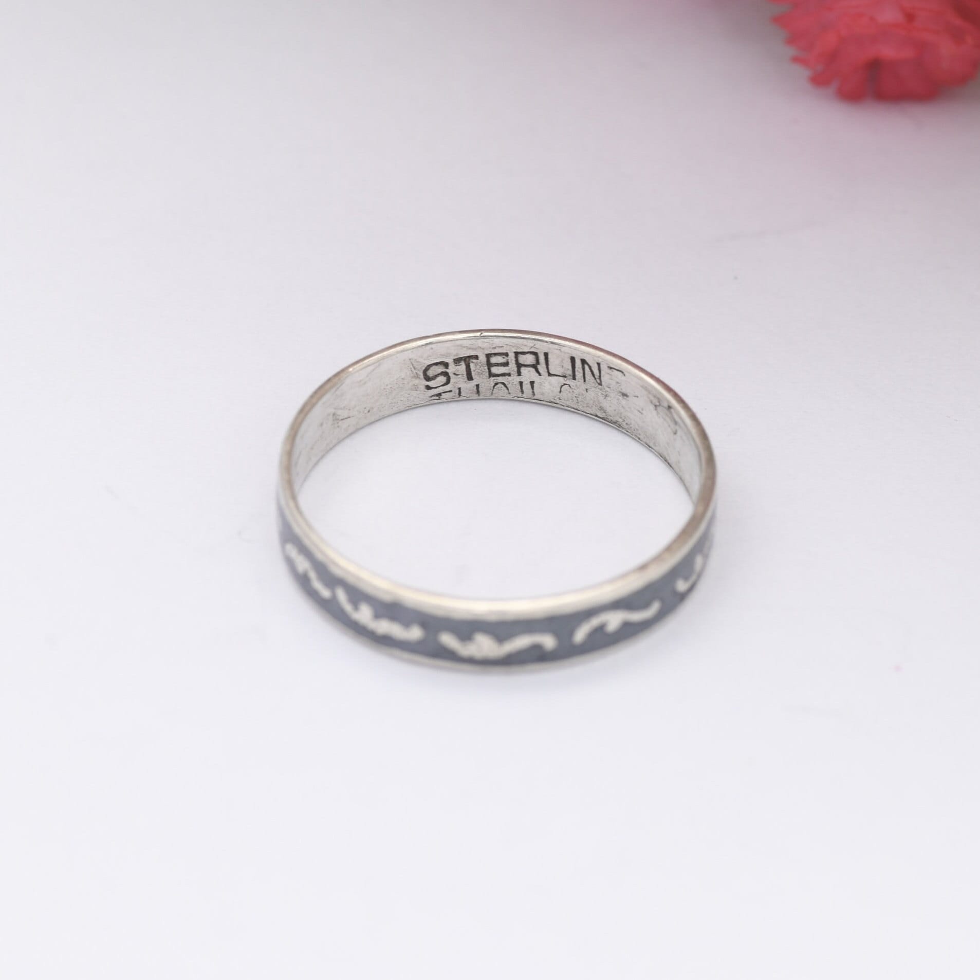 Vintage Thailand Sterling Silver Ring - Black Niello Band | Hand Engraved | UK Size - L | US Size - 5 3/4