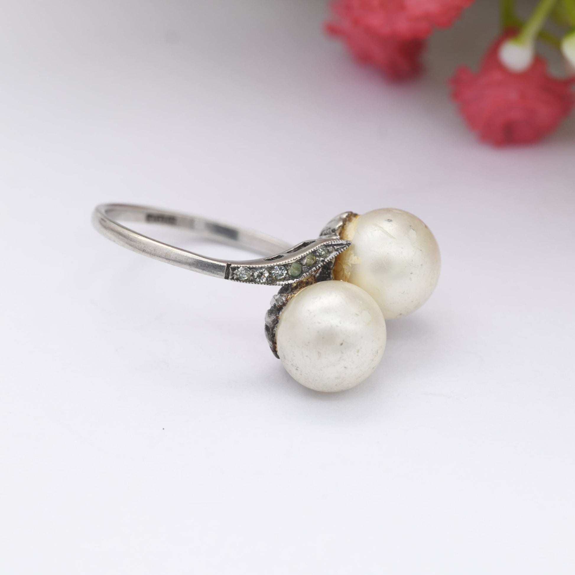 Vintage Ciro Sterling Silver Toi et Moi Faux Pearl Ring - SCP Ciro Pearls Bypass Ring | UK Size - P | US Size - 7 3/4