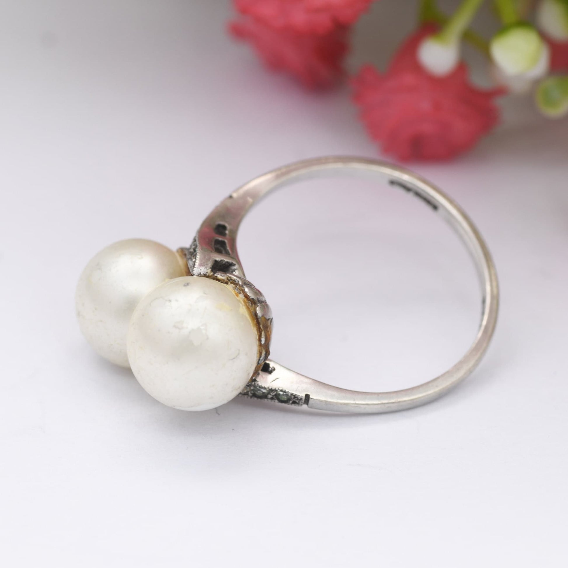 Vintage Ciro Sterling Silver Toi et Moi Faux Pearl Ring - SCP Ciro Pearls Bypass Ring | UK Size - P | US Size - 7 3/4