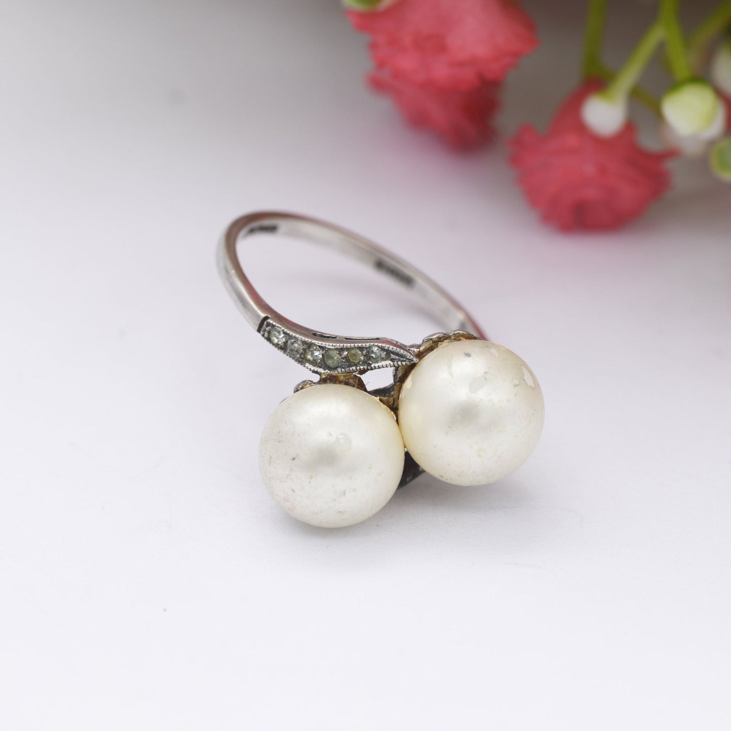 Vintage Ciro Sterling Silver Toi et Moi Faux Pearl Ring - SCP Ciro Pearls Bypass Ring | UK Size - P | US Size - 7 3/4