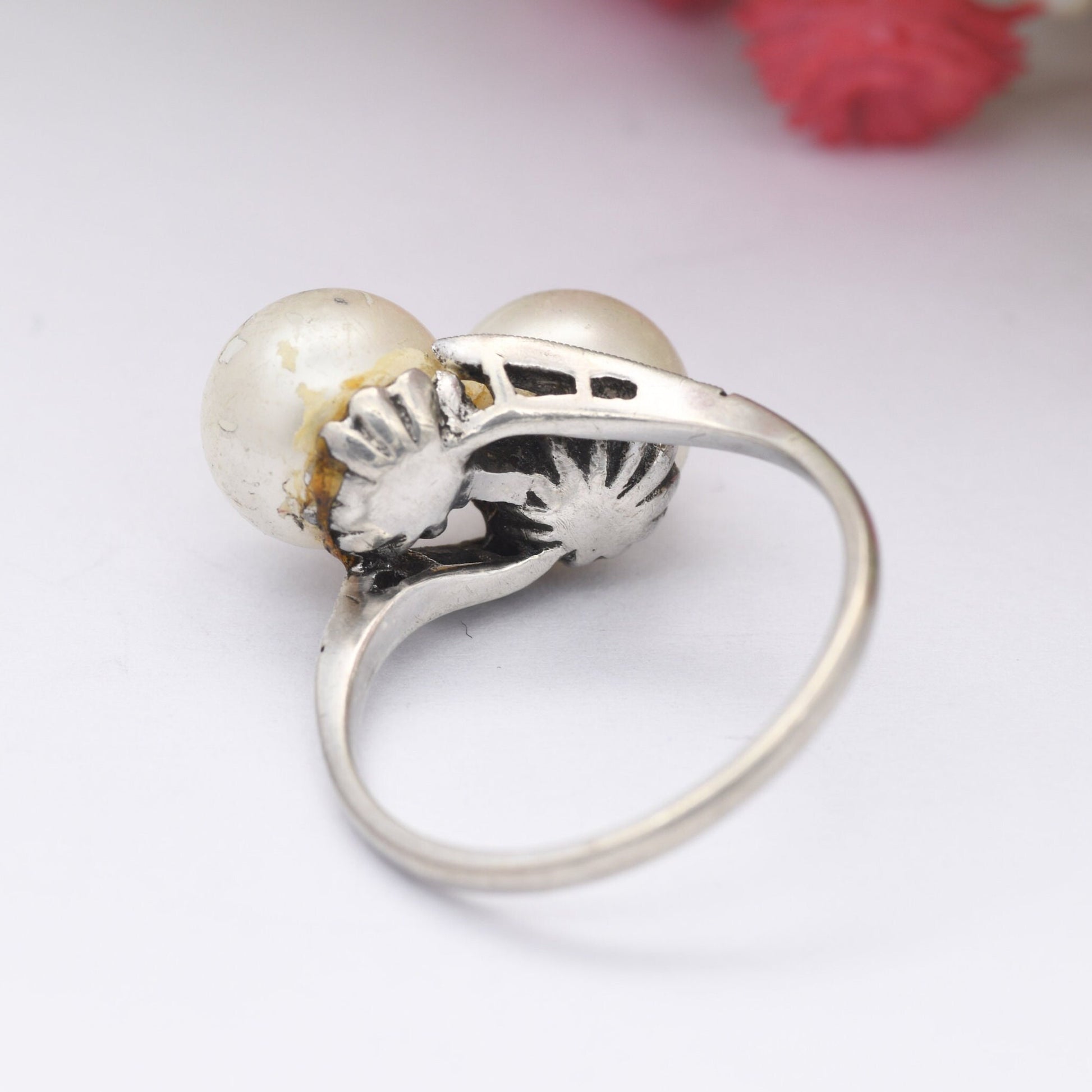 Vintage Ciro Sterling Silver Toi et Moi Faux Pearl Ring - SCP Ciro Pearls Bypass Ring | UK Size - P | US Size - 7 3/4