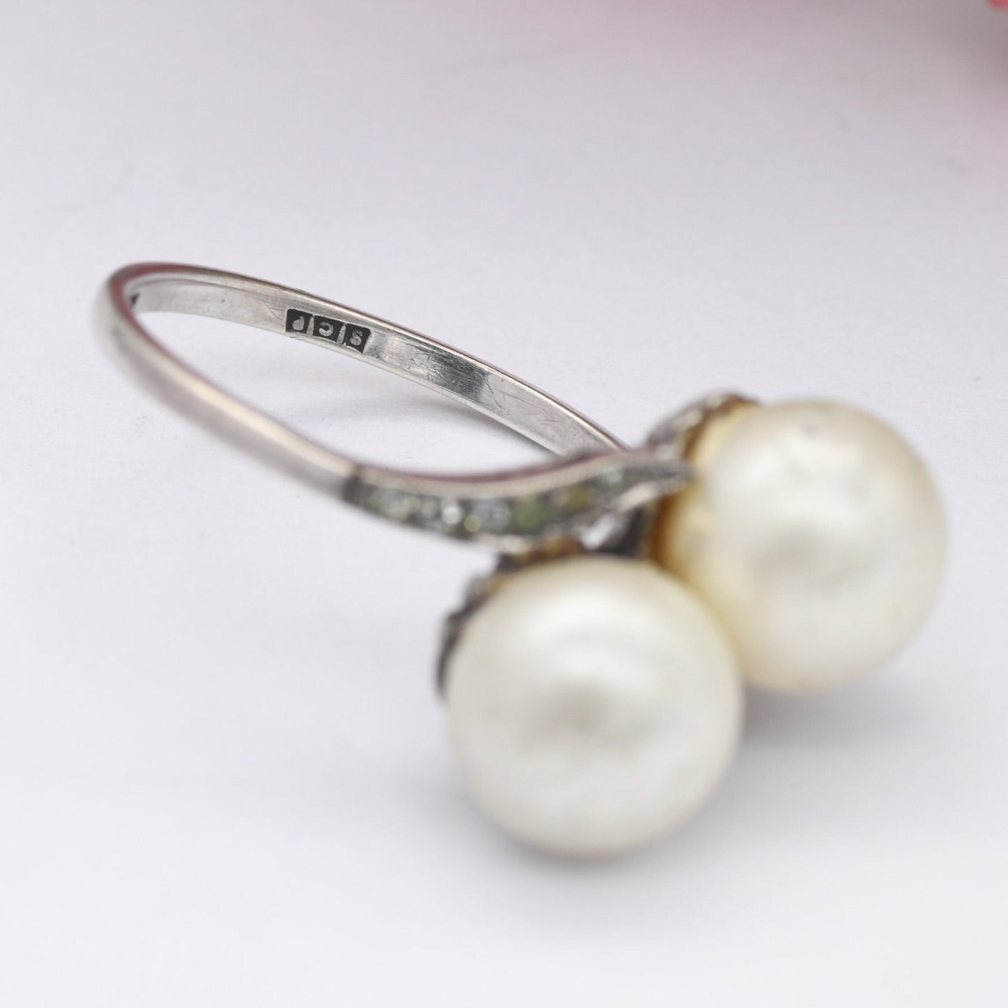 Vintage Ciro Sterling Silver Toi et Moi Faux Pearl Ring - SCP Ciro Pearls Bypass Ring | UK Size - P | US Size - 7 3/4