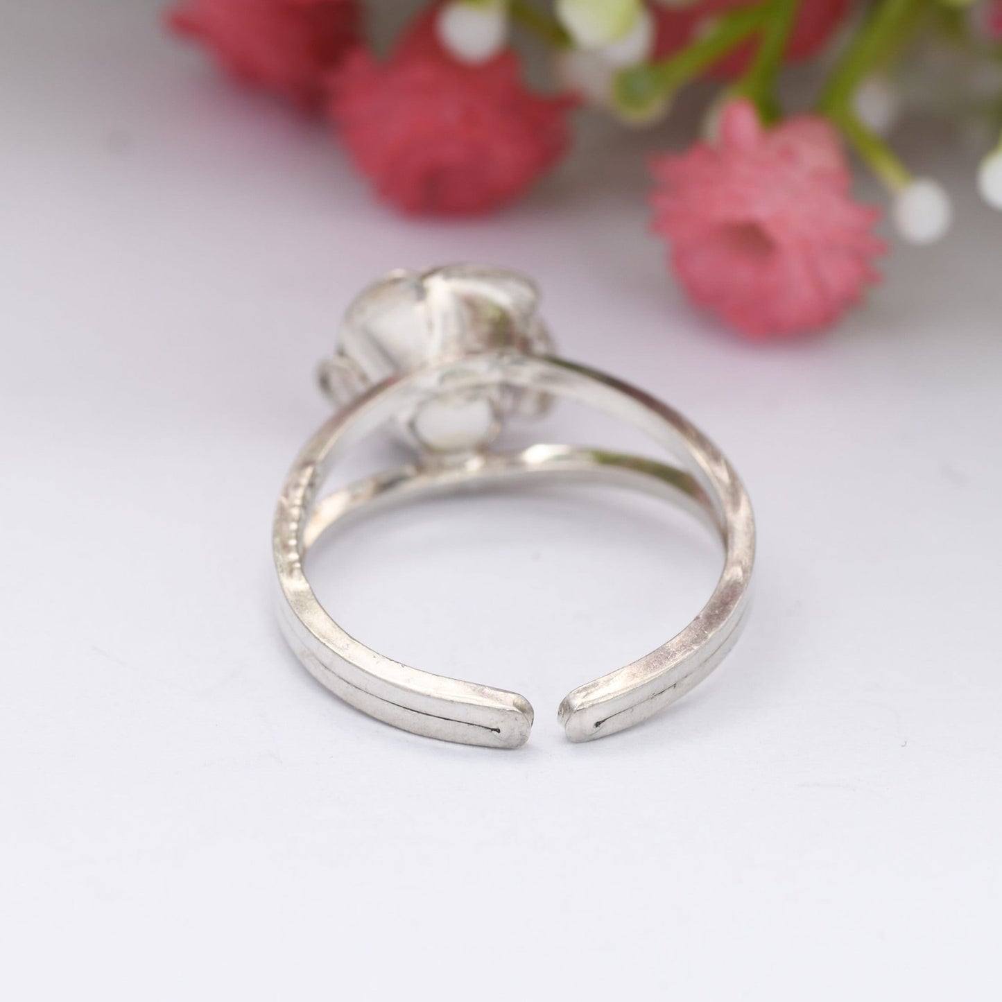 Vintage Sterling Silver Rose Ring - Modernist Flower Floral Shape | Adjustable Band Silver Ring | UK Size - P | US Size - 7 3/4