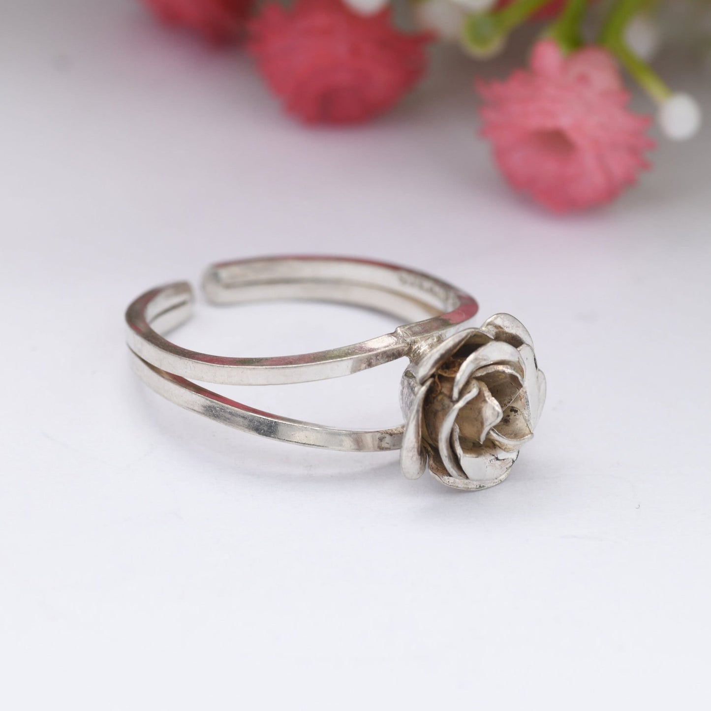 Vintage Sterling Silver Rose Ring - Modernist Flower Floral Shape | Adjustable Band Silver Ring | UK Size - P | US Size - 7 3/4