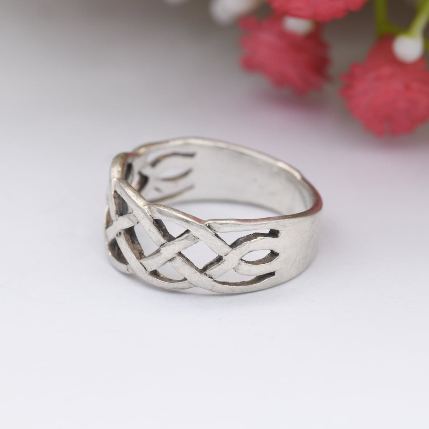 Vintage Sterling Silver Woven Celtic Knot Ring - Openwork Knotted Band | Everyday Unisex Silver | UK Size - P | US Size - 7 3/4