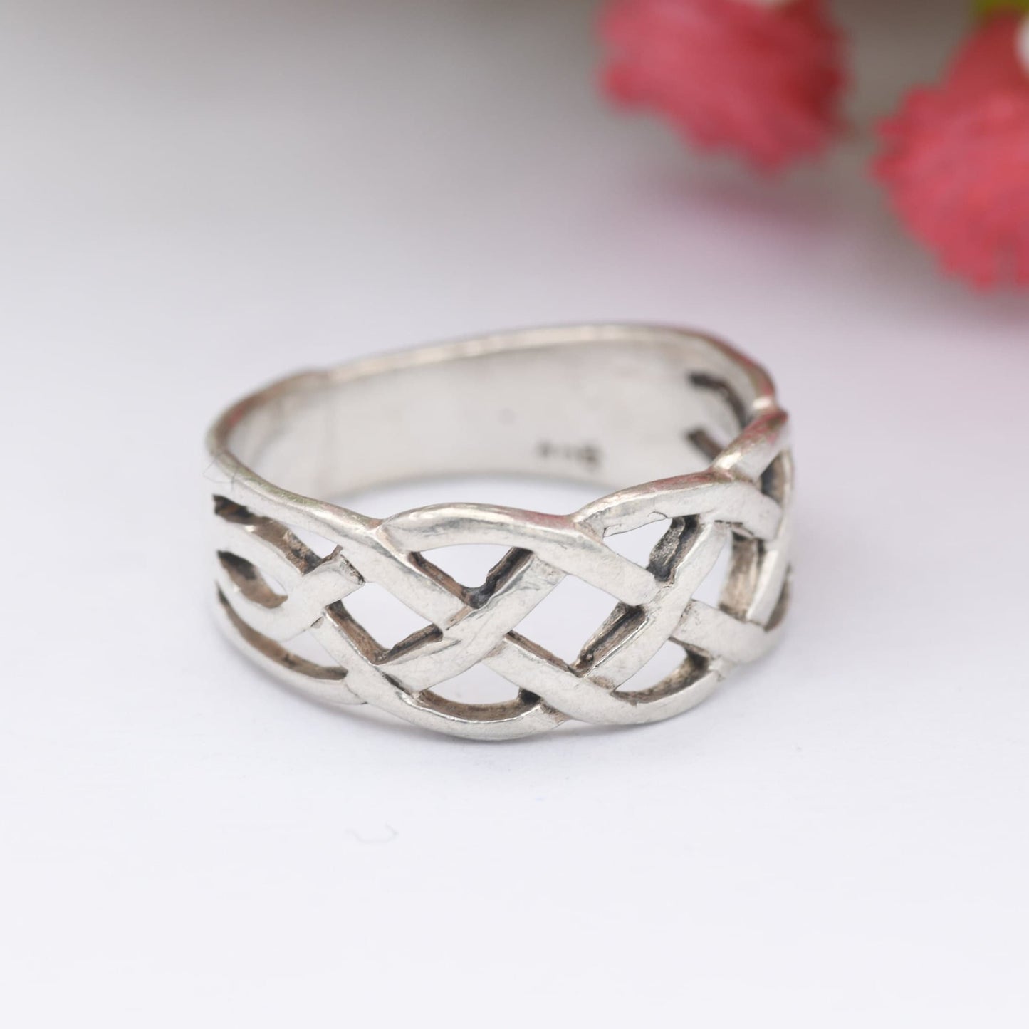 Vintage Sterling Silver Woven Celtic Knot Ring - Openwork Knotted Band | Everyday Unisex Silver | UK Size - P | US Size - 7 3/4