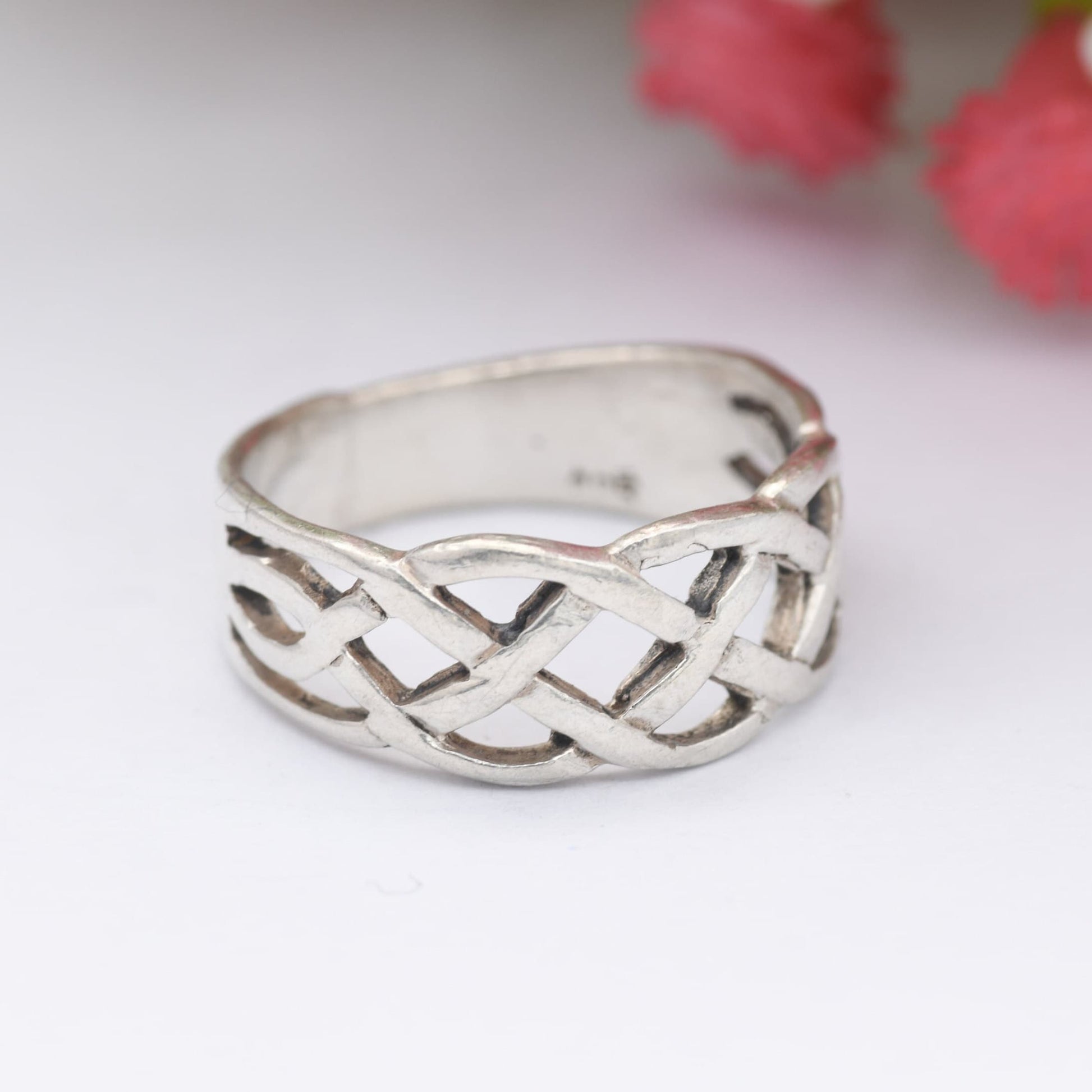 Vintage Sterling Silver Woven Celtic Knot Ring - Openwork Knotted Band | Everyday Unisex Silver | UK Size - P | US Size - 7 3/4