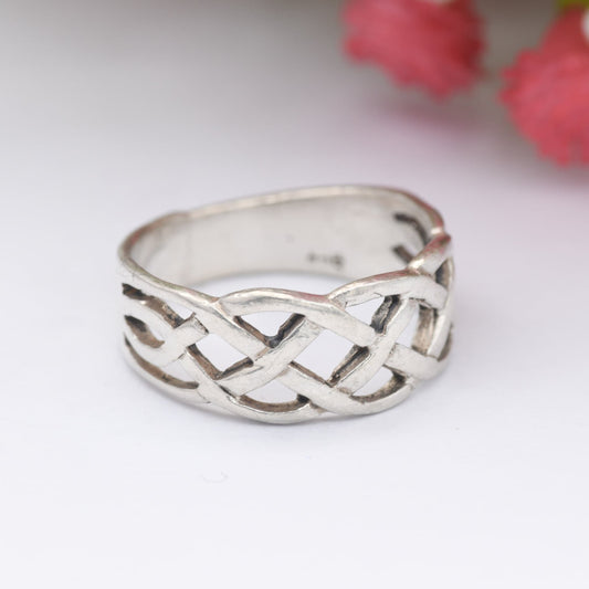 Vintage Sterling Silver Woven Celtic Knot Ring - Openwork Knotted Band | Everyday Unisex Silver | UK Size - P | US Size - 7 3/4