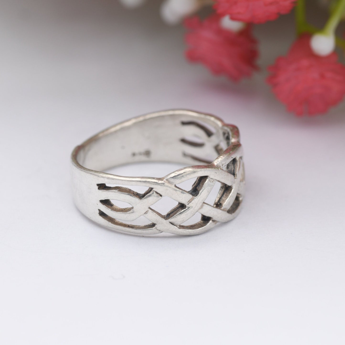 Vintage Sterling Silver Woven Celtic Knot Ring - Openwork Knotted Band | Everyday Unisex Silver | UK Size - P | US Size - 7 3/4