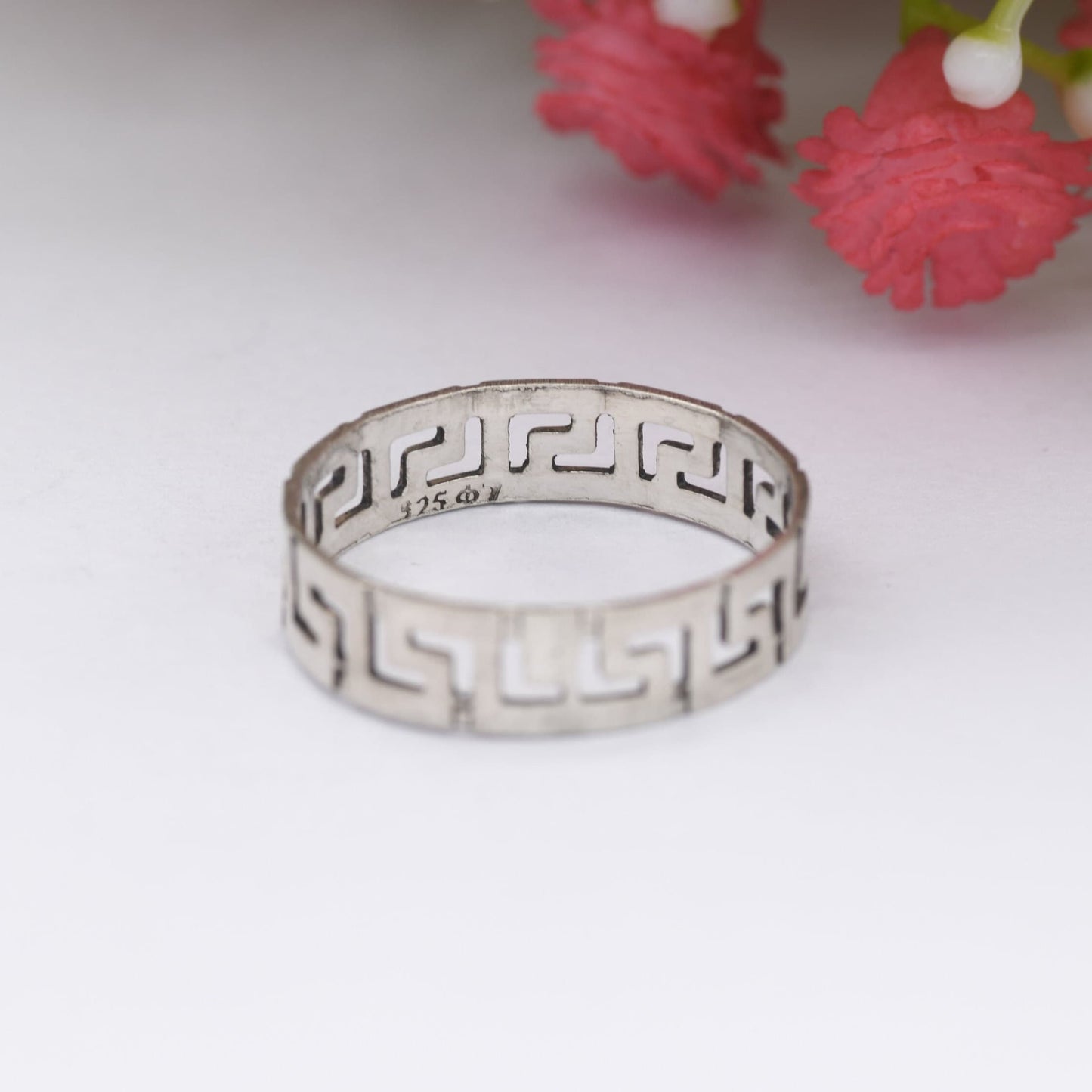 Vintage Sterling Silver Greek Key Band Ring - Openwork Meander Band | Minimal Unisex Silver | UK Size - O | US Size - 7