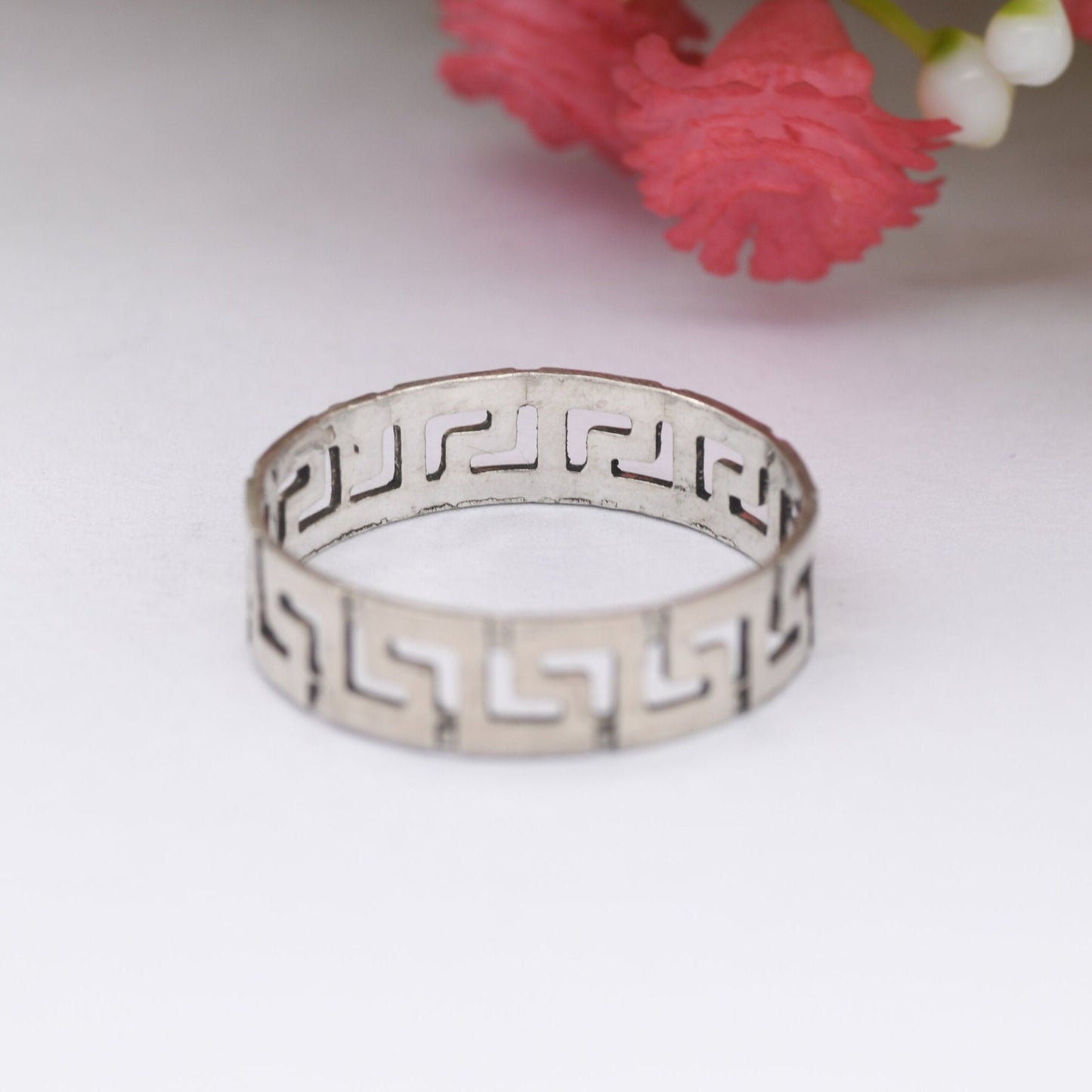 Vintage Sterling Silver Greek Key Band Ring - Openwork Meander Band | Minimal Unisex Silver | UK Size - O | US Size - 7