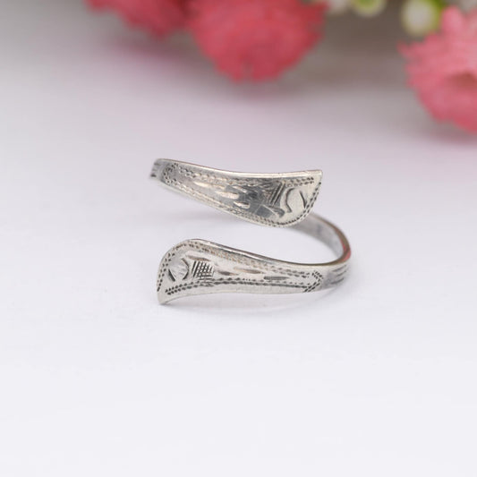 Vintage Sterling Silver Bypass Band Ring with Hand Engraved Pattern - Toi et Moi Style | Adjustable UK Size - M | US Size - 6 1/4