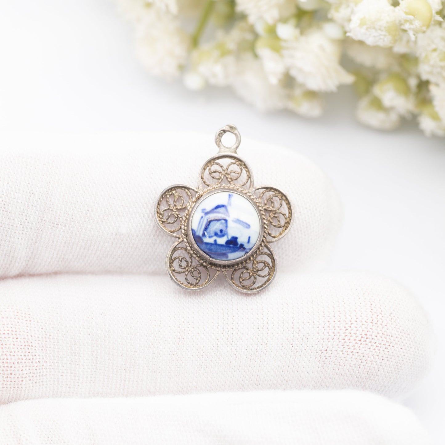 Vintage Dutch Silver Blue Delft Windmill Pendant - Filigree Flower | 835 Silver | Netherlands Souvenir