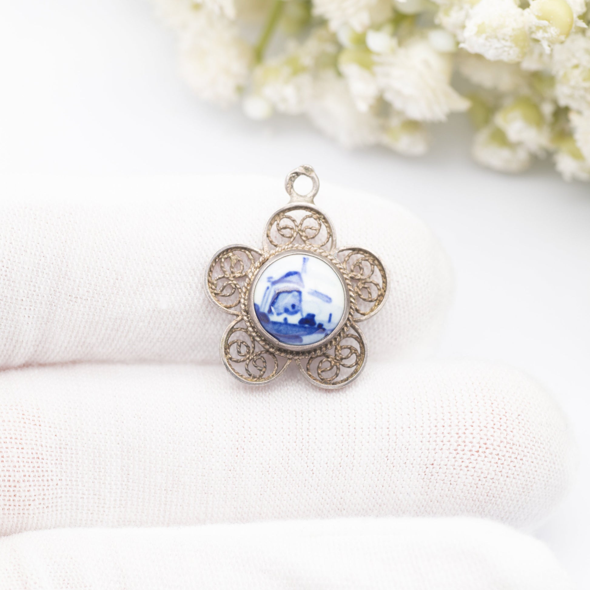 Vintage Dutch Silver Blue Delft Windmill Pendant - Filigree Flower | 835 Silver | Netherlands Souvenir