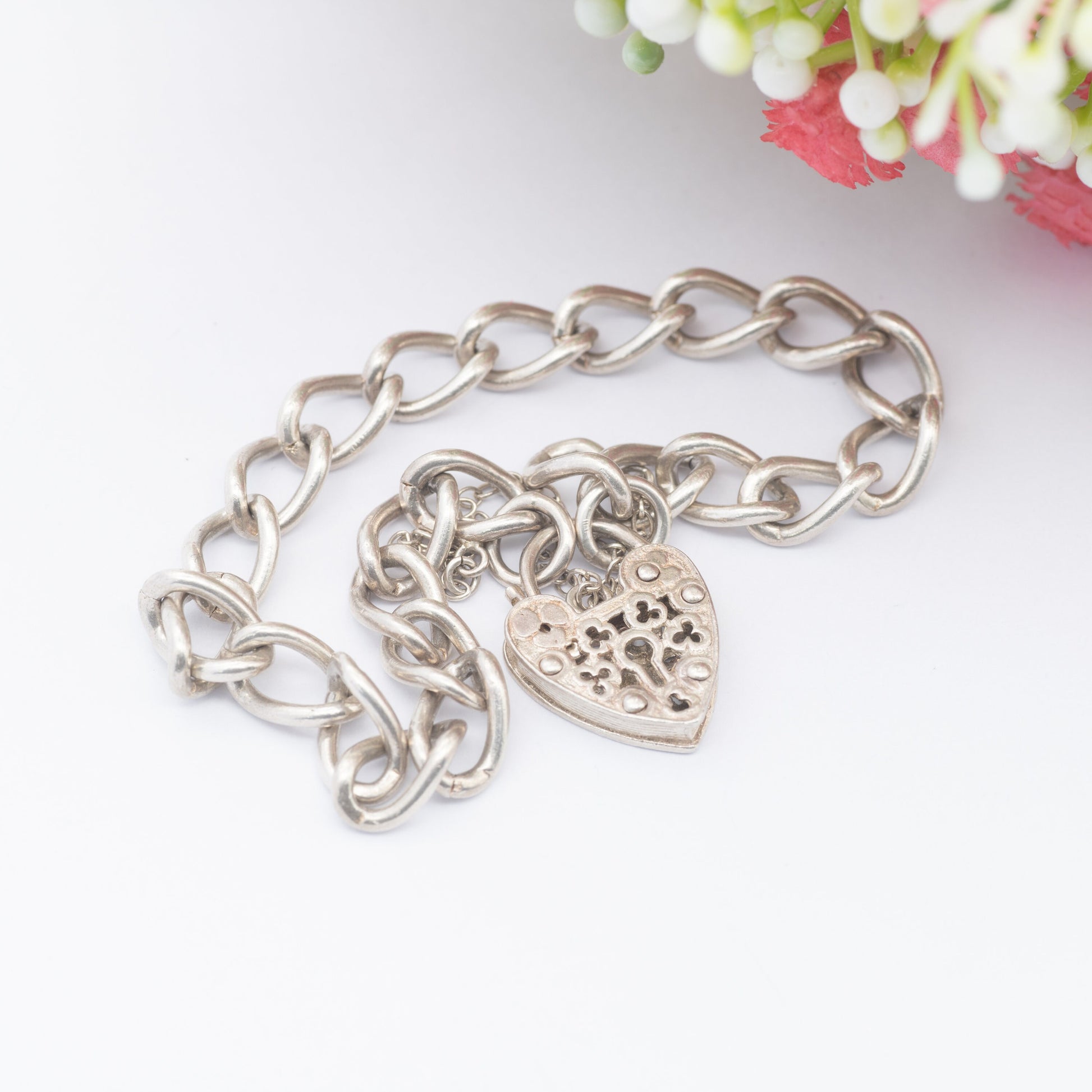 Vintage Sterling Silver Heart Padlock Clasp Chain Bracelet 1973 - Ornate Openwork Heart | Chunky Curb Links with Safety Chain