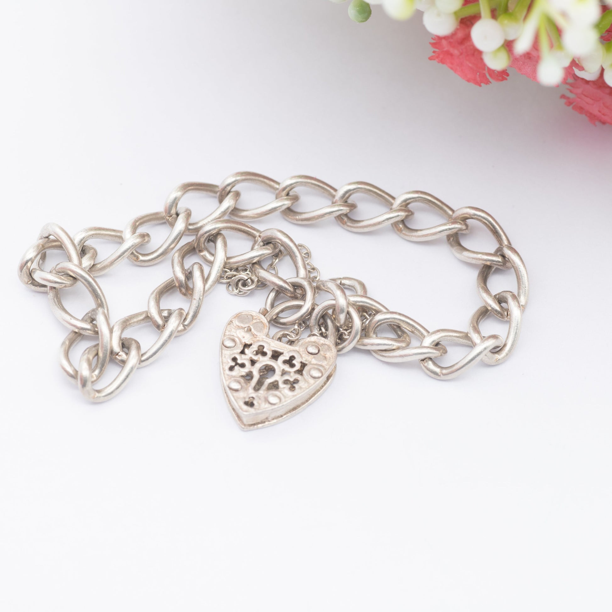 Vintage Sterling Silver Heart Padlock Clasp Chain Bracelet 1973 - Ornate Openwork Heart | Chunky Curb Links with Safety Chain