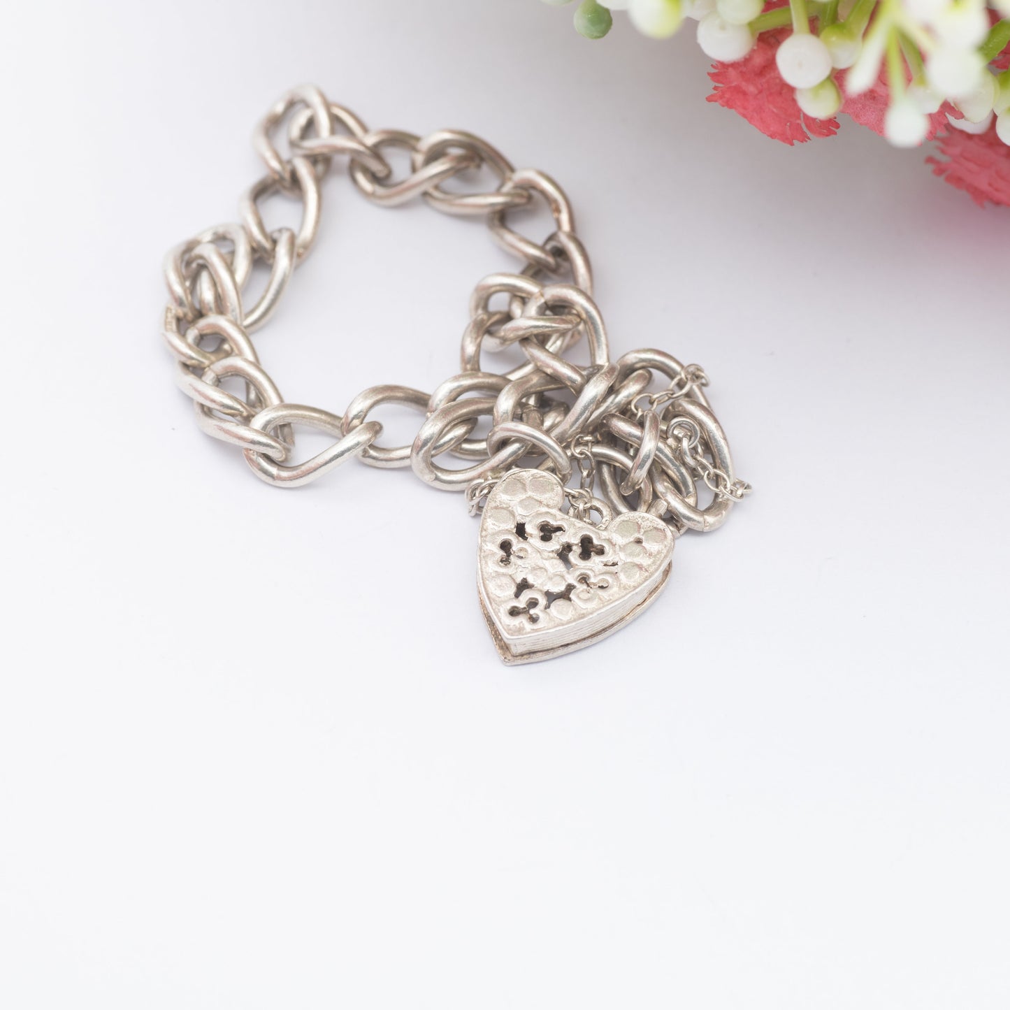 Vintage Sterling Silver Heart Padlock Clasp Chain Bracelet 1973 - Ornate Openwork Heart | Chunky Curb Links with Safety Chain