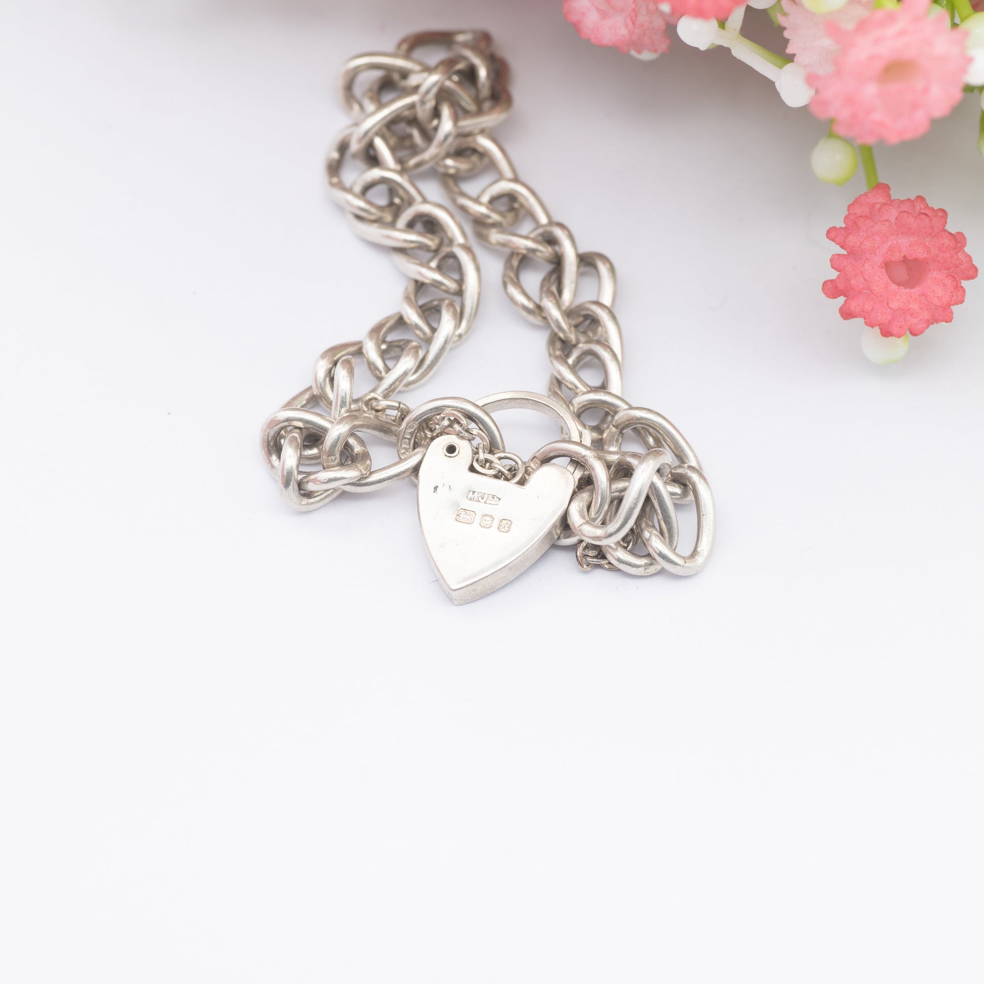 Vintage Sterling Silver Heart Padlock Clasp Chain Bracelet 1975 - Chunky Curb Links with Safety Chain
