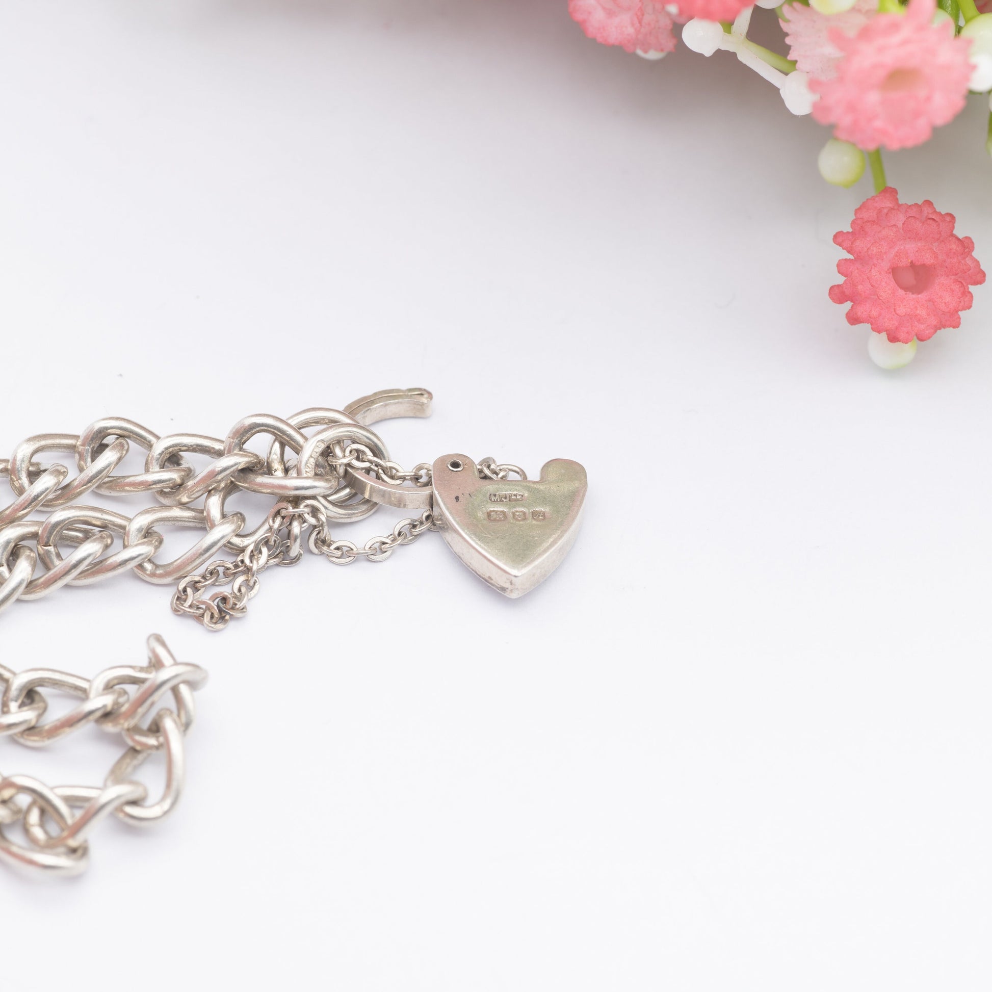 Vintage Sterling Silver Heart Padlock Clasp Chain Bracelet 1975 - Chunky Curb Links with Safety Chain