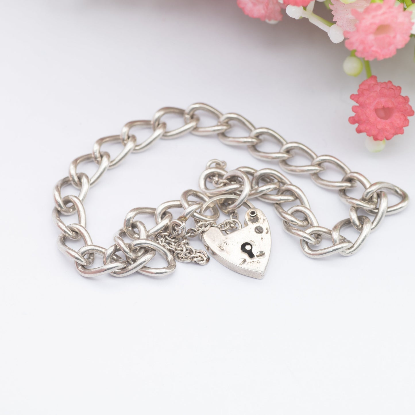 Vintage Sterling Silver Heart Padlock Clasp Chain Bracelet 1975 - Chunky Curb Links with Safety Chain