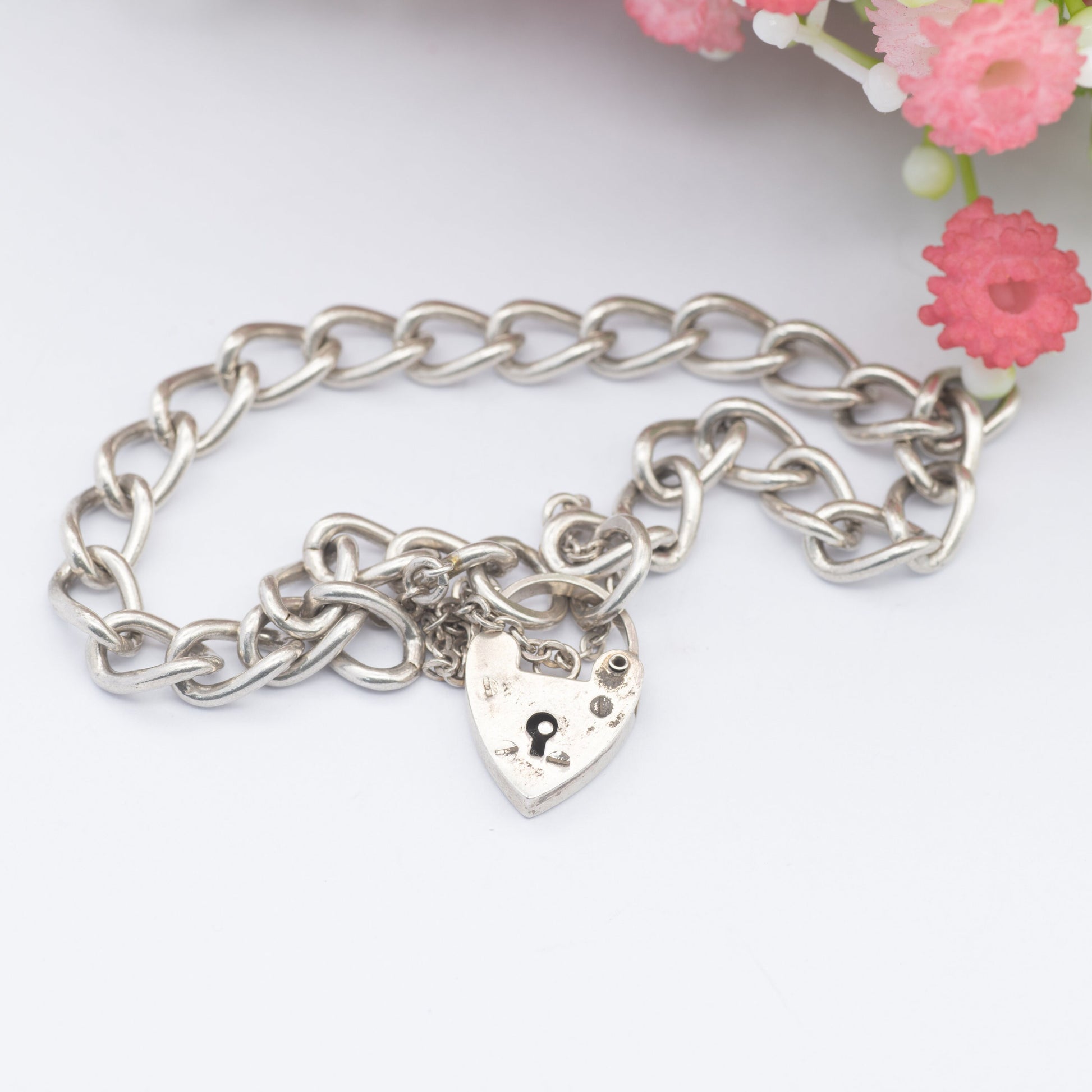 Vintage Sterling Silver Heart Padlock Clasp Chain Bracelet 1975 - Chunky Curb Links with Safety Chain