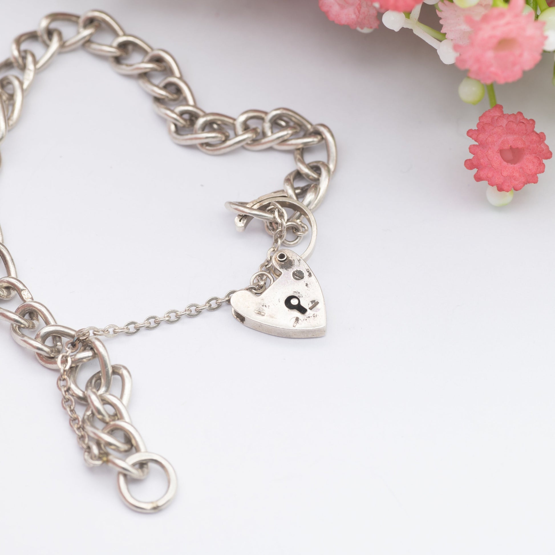 Vintage Sterling Silver Heart Padlock Clasp Chain Bracelet 1975 - Chunky Curb Links with Safety Chain