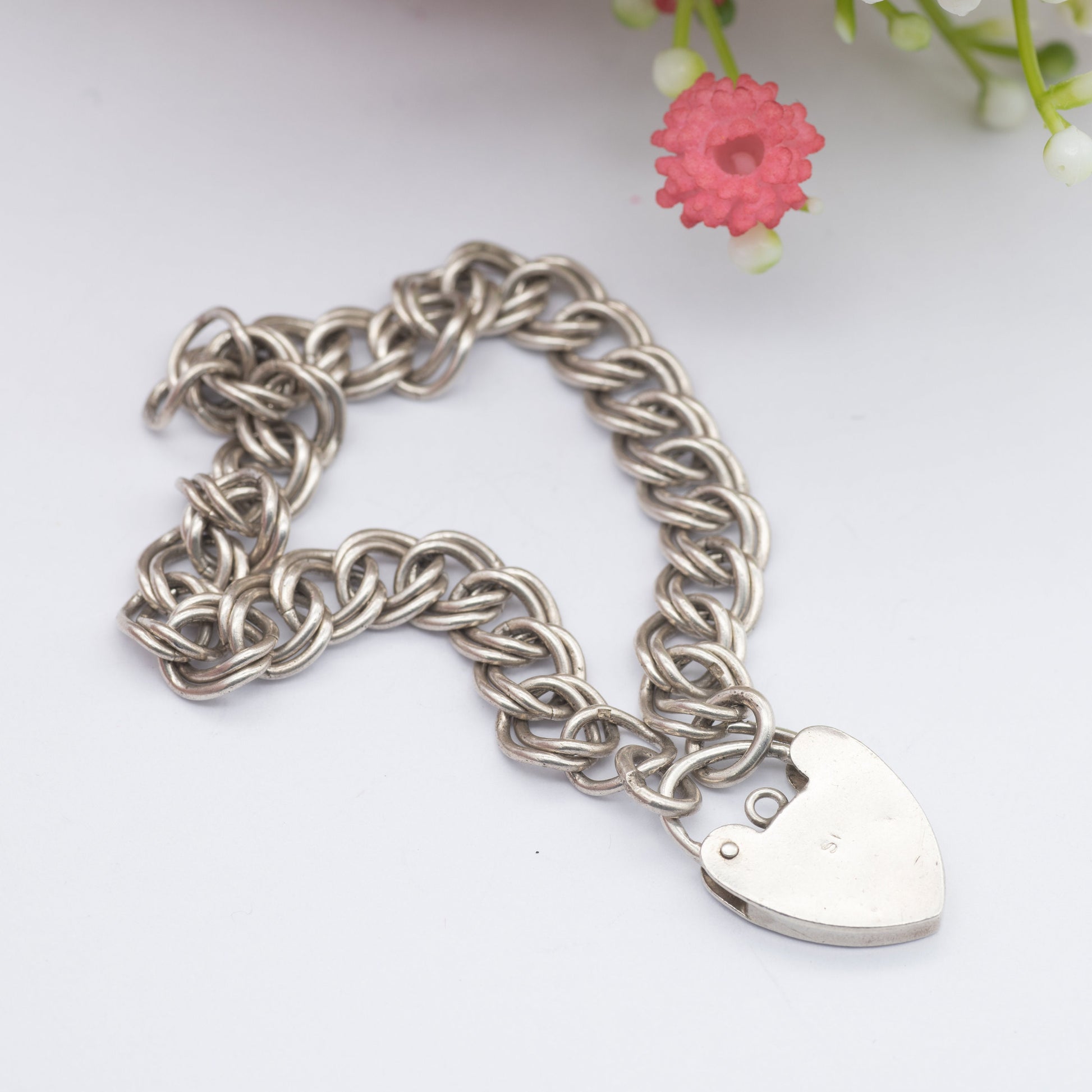 Vintage Sterling Silver Heart Padlock Clasp Chain Bracelet - Chunky Double Curb Links
