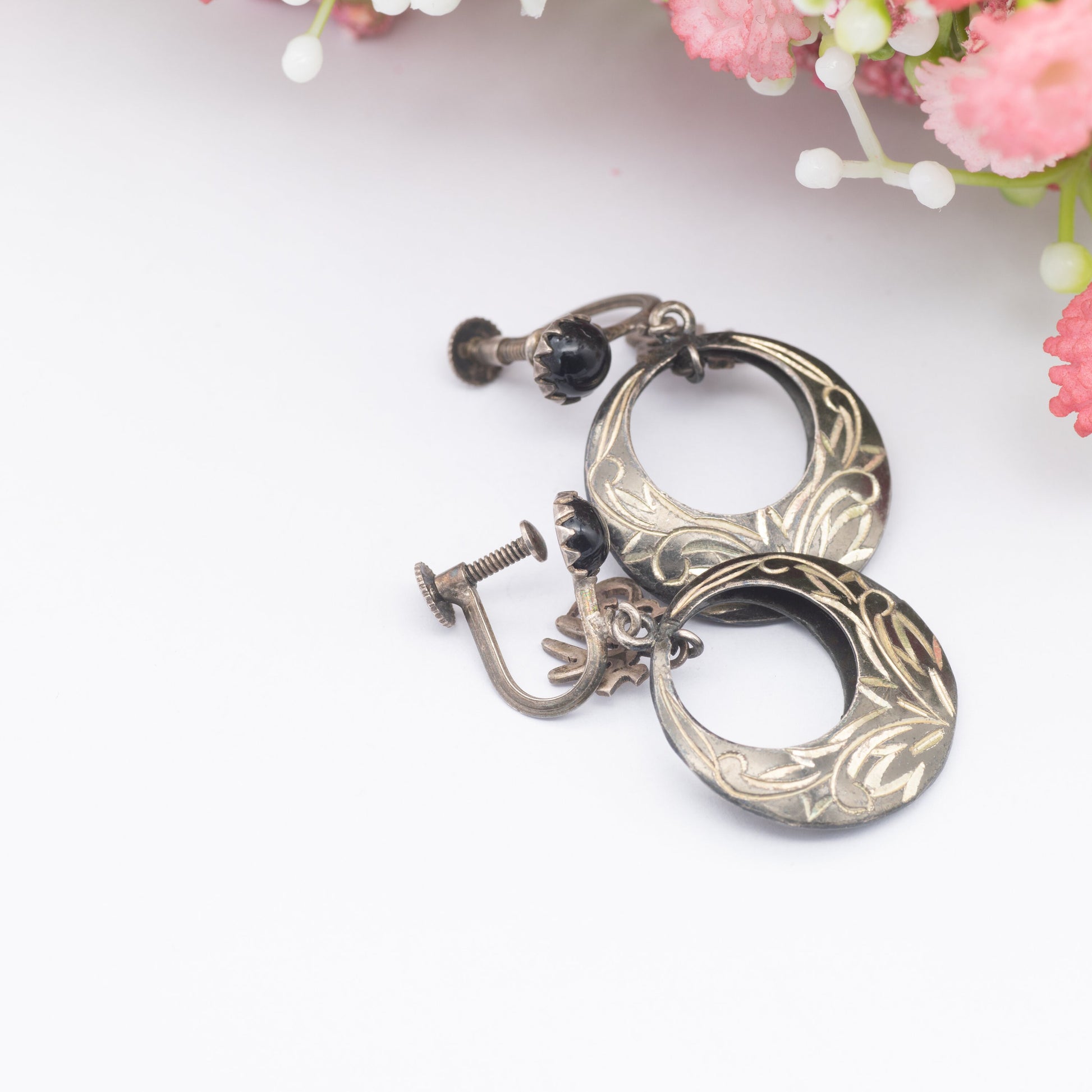 Vintage Sterling Silver Chinese Niello Fu Screw Back Drop Earrings - Good Luck Symbol | Chinese New Year | Unusual Earrings